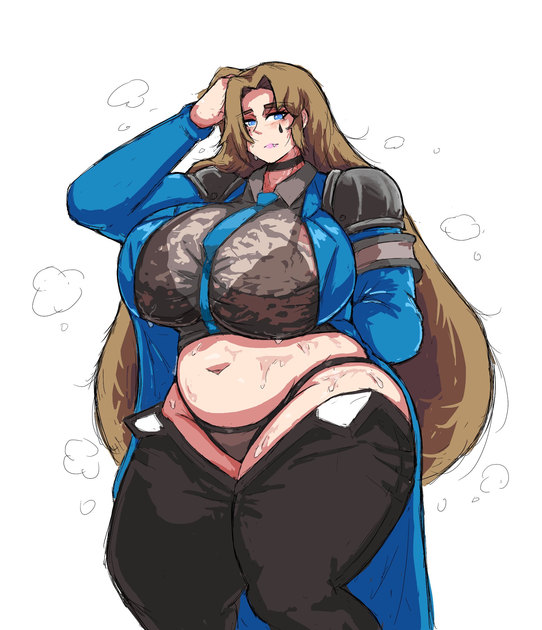 1girls, bbw, belly, blue eyes, bra visible through clothes, brown hair, e.g.o (project moon), female, knight of despair, large breasts, limbus company, littleteze, panties, project moon, rodion (limbus company), sweat, sweat clouds, sweaty, sweaty body, sweaty bra, the sword sharpened with tears (e.g.o), unzipped pants, walpurgis, walpurgis night