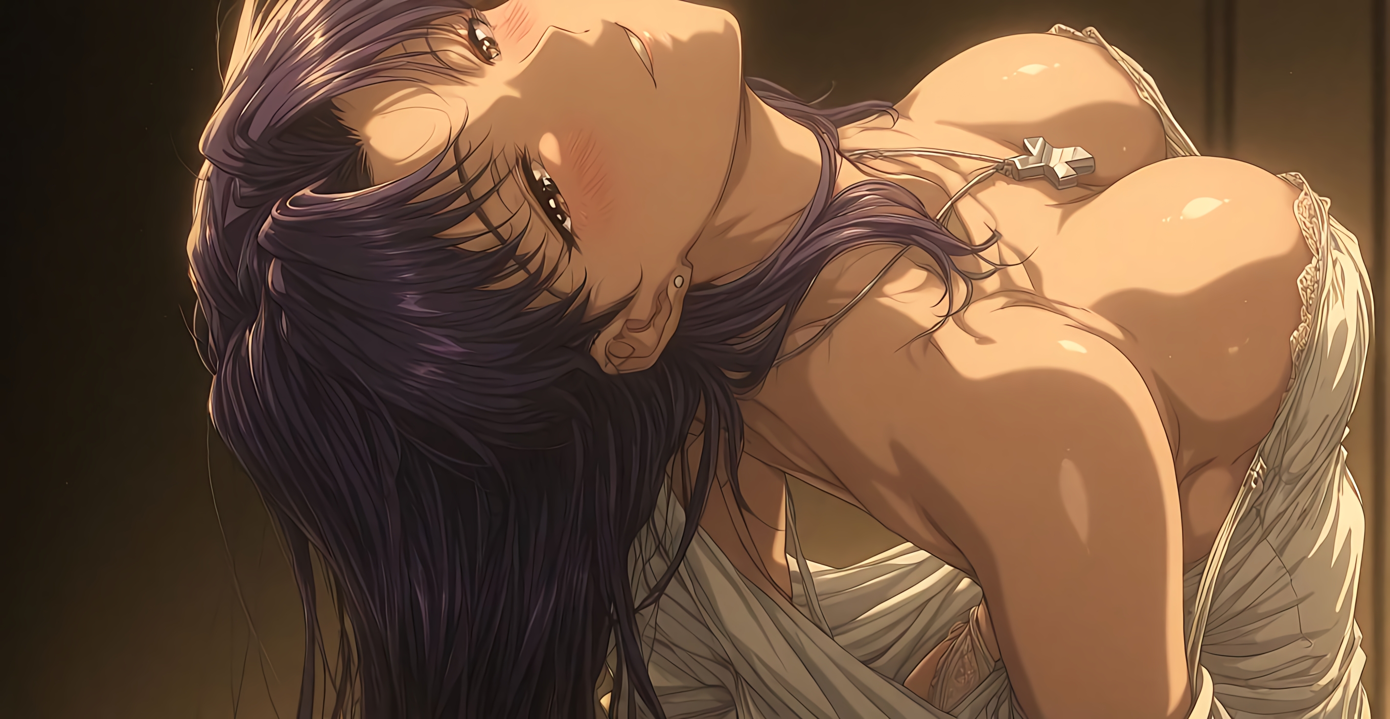 ai generated, ass, ass focus, ass up, bangs, bare shoulders, black tank top, blush, breasts, brown eyes, exposed breasts, female, female only, hands on breasts, in bed, jean shorts, long hair, looking at viewer, misato katsuragi, necklace, neon genesis evangelion, nipples, no bra, parted bangs, pendant, purple hair, smile, solo