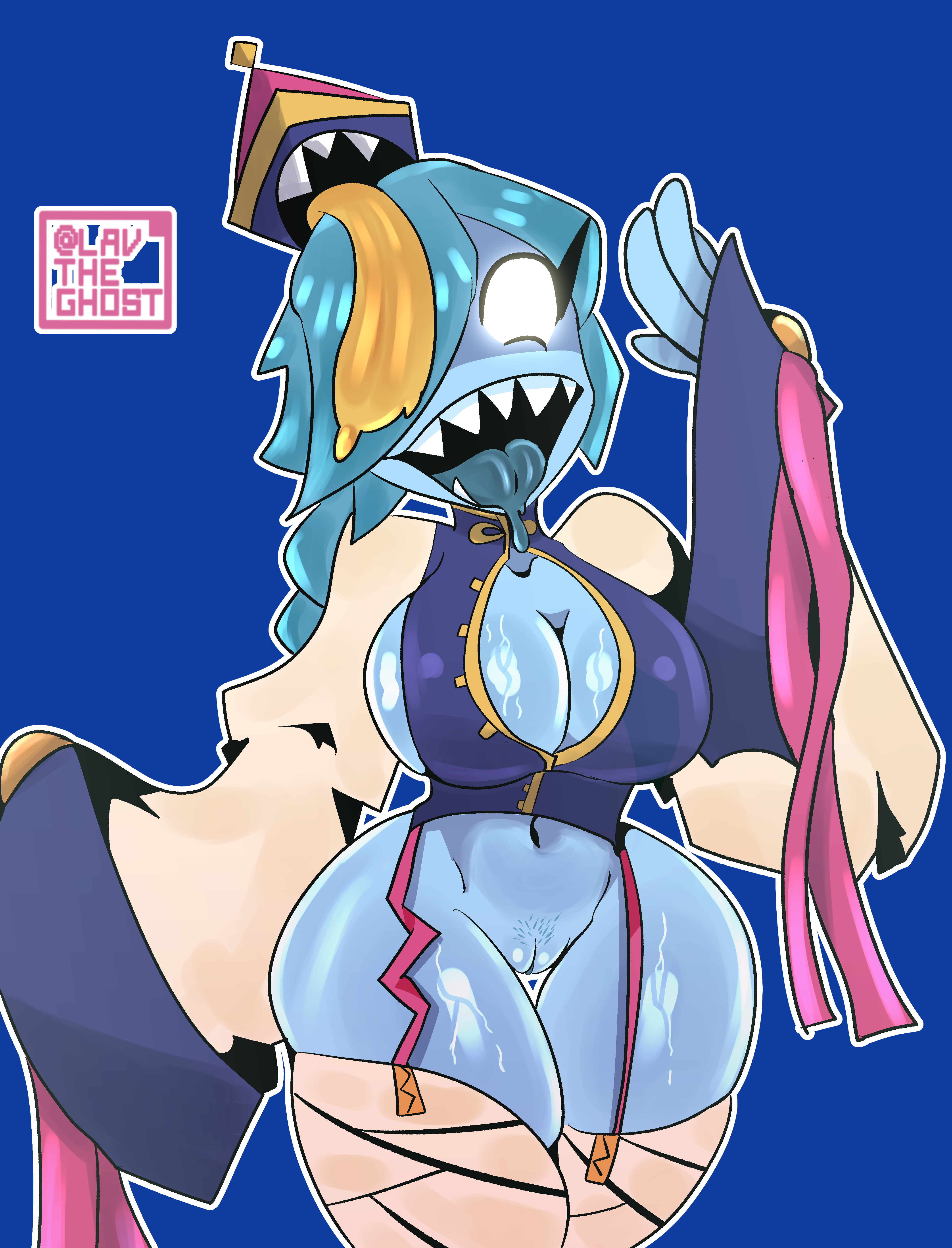 big breasts, blue body, blue hair, blue skin, brawl stars, breasts, colette (brawl stars), female, glowing eyes, hair over one eye, half naked, half-dressed, inspector colette, jiangshi, lavtheghost, pubes, pubes exposed, pussy, self upload, tongue, tongue out, wide hips, zombie, zombie girl