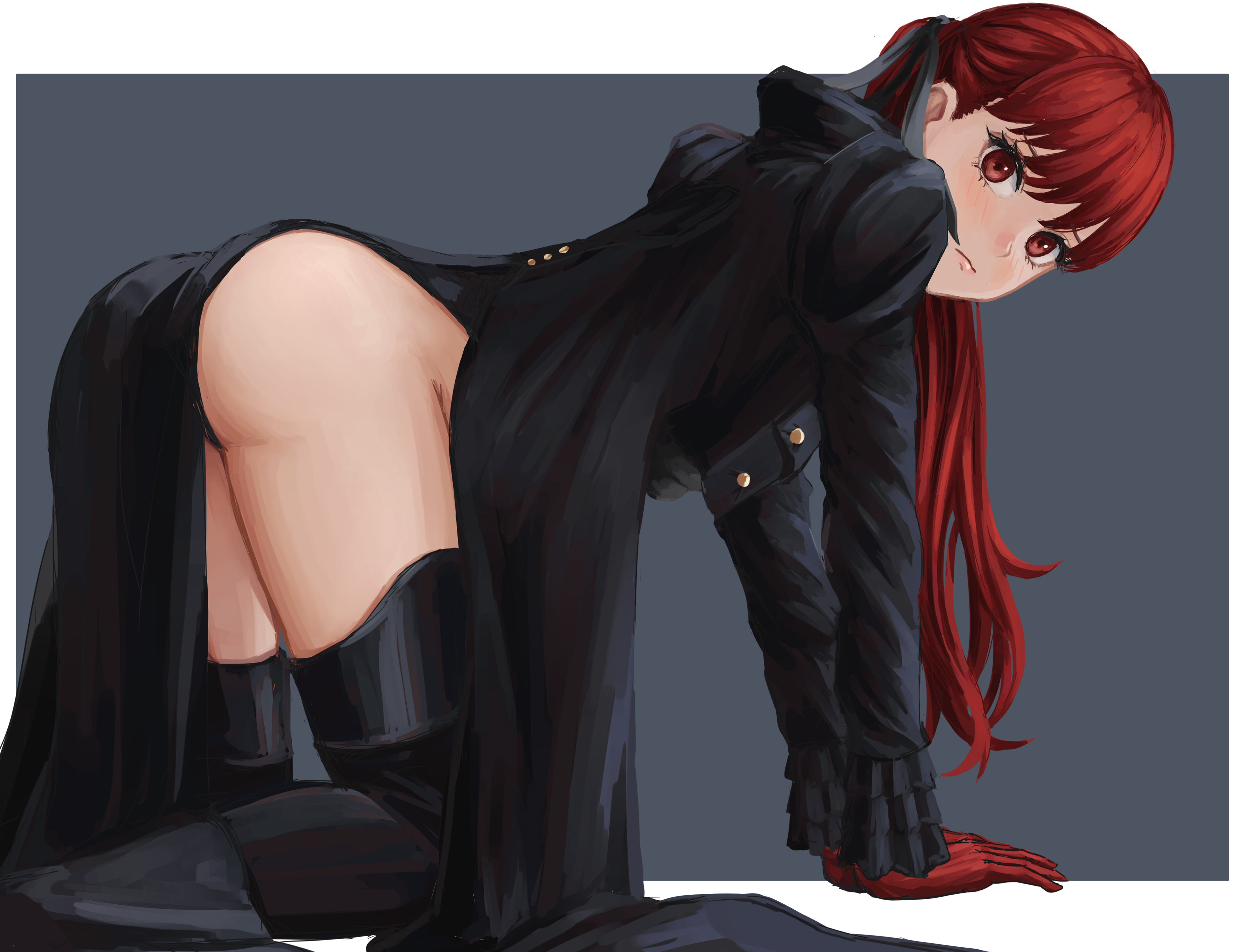 absurdres, all fours, ass, black jacket, black leotard, boots, closed mouth, clothing, expressionless, female, female only, gloves, hair down, highres, human, jacket, kasumi yoshizawa, leotard, long sleeves, looking at viewer, nemo ringo, pale skin, persona, persona 5, phantom thief suit, ponytail, red eyes, red gloves, red hair, sumire yoshizawa, thigh boots, thighhighs