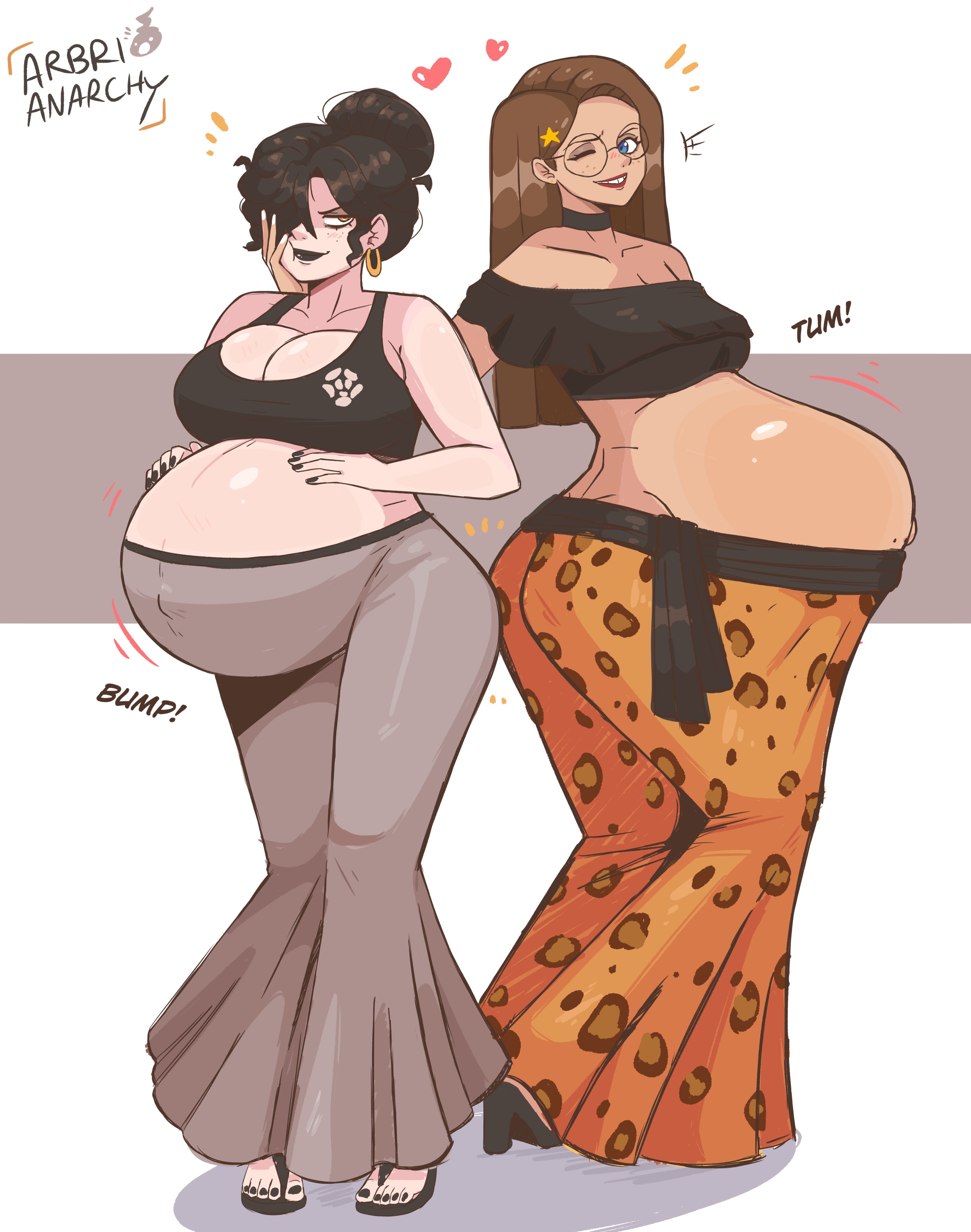 2girls, 2pregnancy, arbrianarchy, bump, female, maternity clothes, multiple pregnancies, nails painted, oc, original character, pregnant, pregnant female, super belly