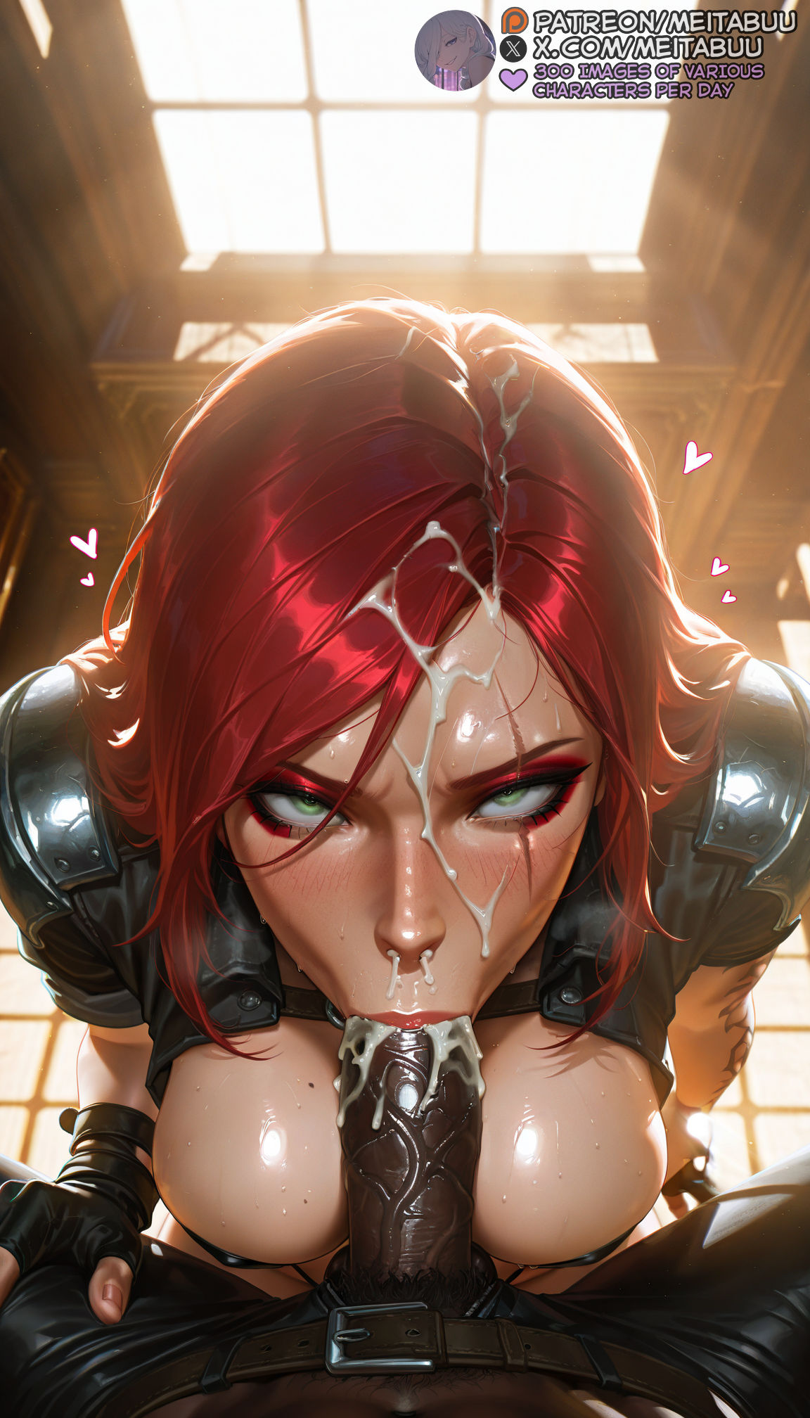 :>=, 1boy, 1girls, ai generated, belt, black gloves, blush, body freckles, breasts, cleavage, cum, cum in mouth, cum in nose, cum on body, cum on breasts, cum on hair, dark penis, dark skin, dark-skinned male, erection, eyeshadow, facial, fellatio, female, fingerless gloves, from above, gloves, green eyes, heart, indoors, interracial, katarina du couteau, large breasts, large penis, league of legends, lips, long hair, looking at viewer, looking up, makeup, male, male pubic hair, mascara, meitabuu, mole, mole on breast, oral, penis, pov, pov crotch, pubic hair, red hair, rolling eyes, runny makeup, saliva, scar, scar across eye, scar on face, shiny skin, snot, solo focus, spread legs, straight, sunlight, sweat, uncensored, veins, veiny penis