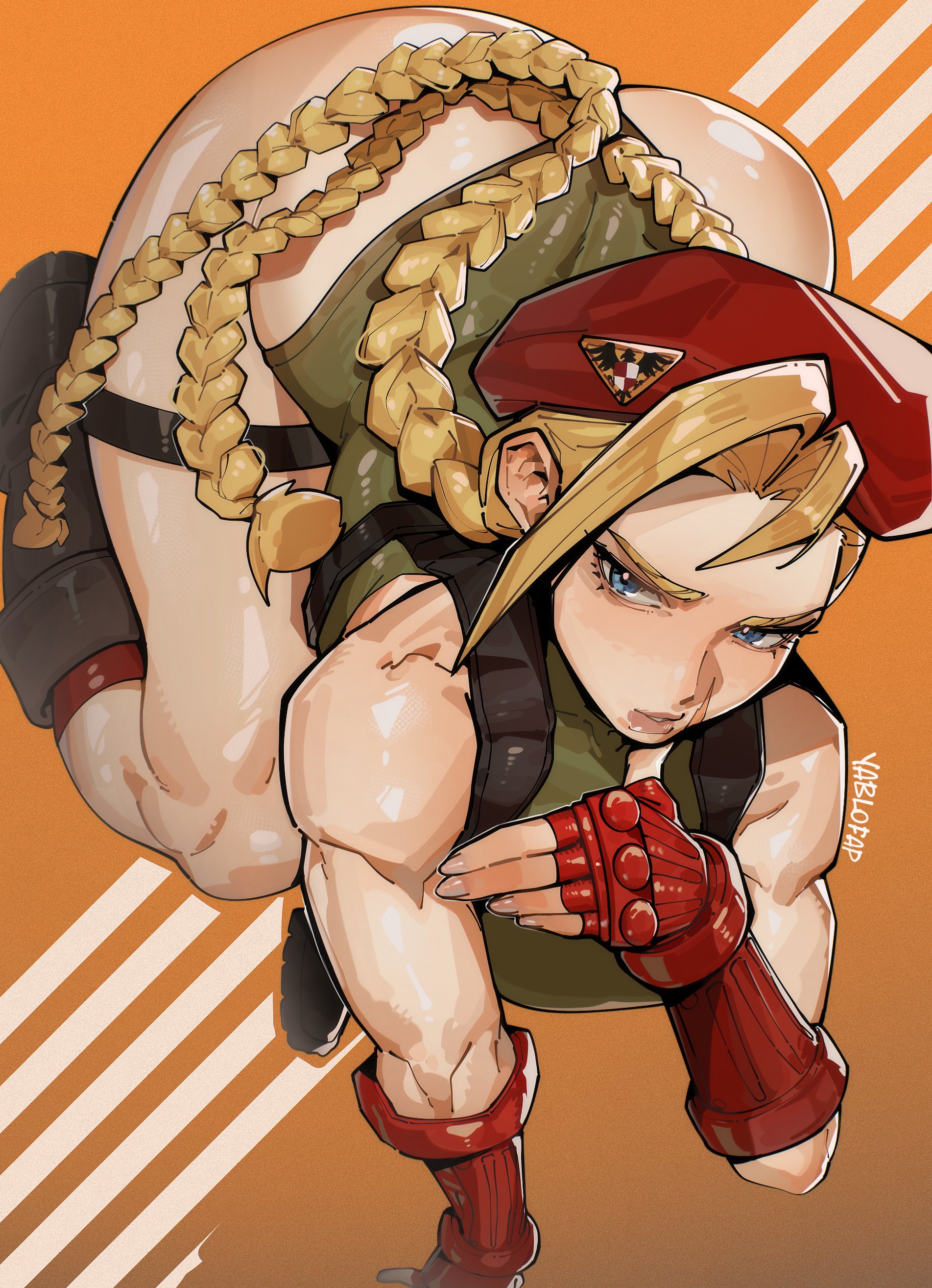 1girls, absurdres, alohapz, ass, bare shoulders, black boots, blonde hair, blue eyes, boots, braid, breasts, cammy white, female, female only, fingerless gloves, gauntlets, gloves, green leotard, hat, highres, large breasts, leotard, orange background, red gloves, red hat, simple background, solo, street fighter, twin braids, yablofap