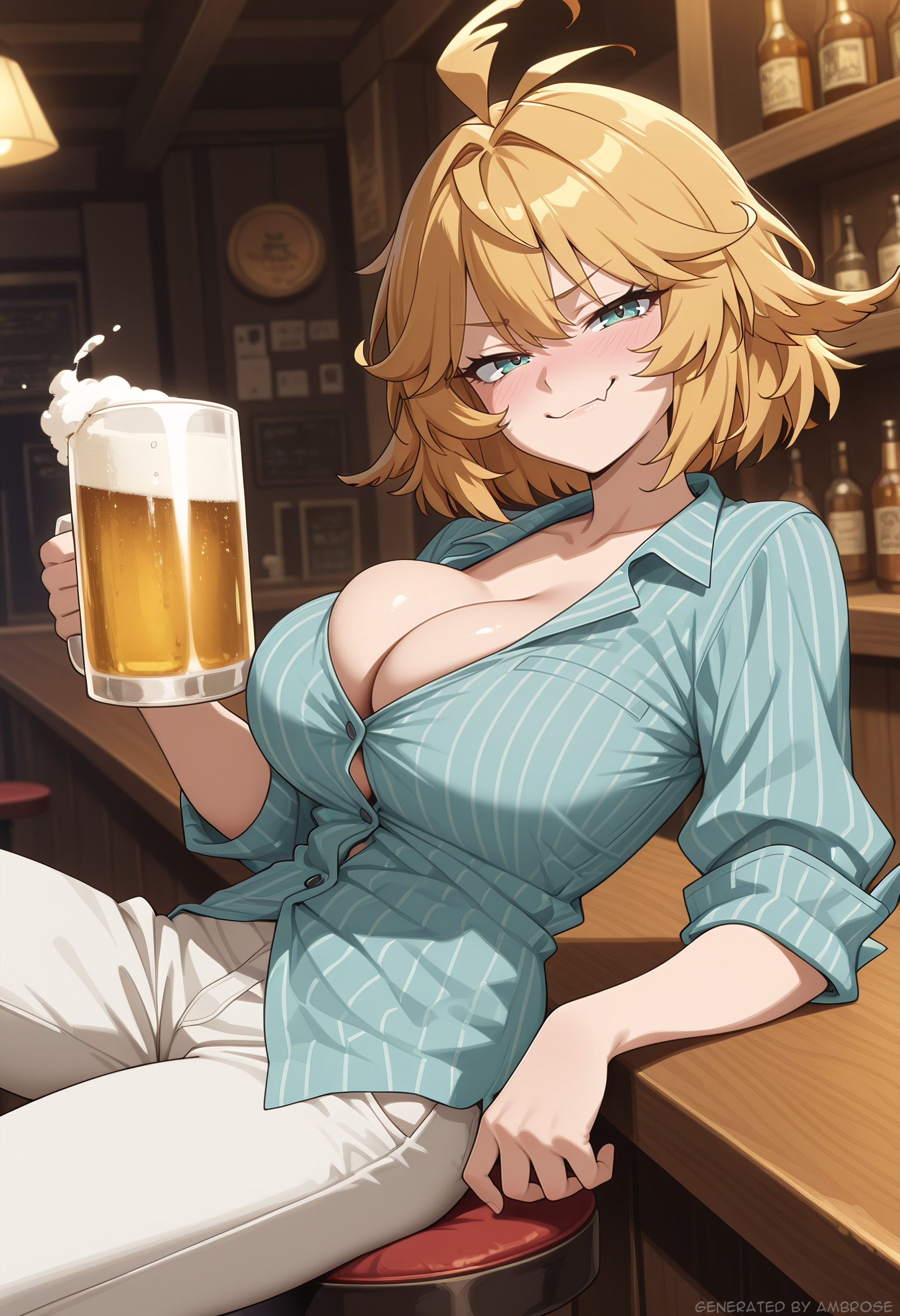 1girls, ai generated, alcohol, ambrose, bar, barstool, beer, big breasts, blonde hair, blue eyes, blush, breasts, bursting breasts, dokibird, dokibird (bounty hunter), female, indoors, large breasts, leaning back, looking at viewer, pants, self upload, shirt, skin fang, smug face, stable diffusion, straining buttons, virtual youtuber, vtuber, white pants