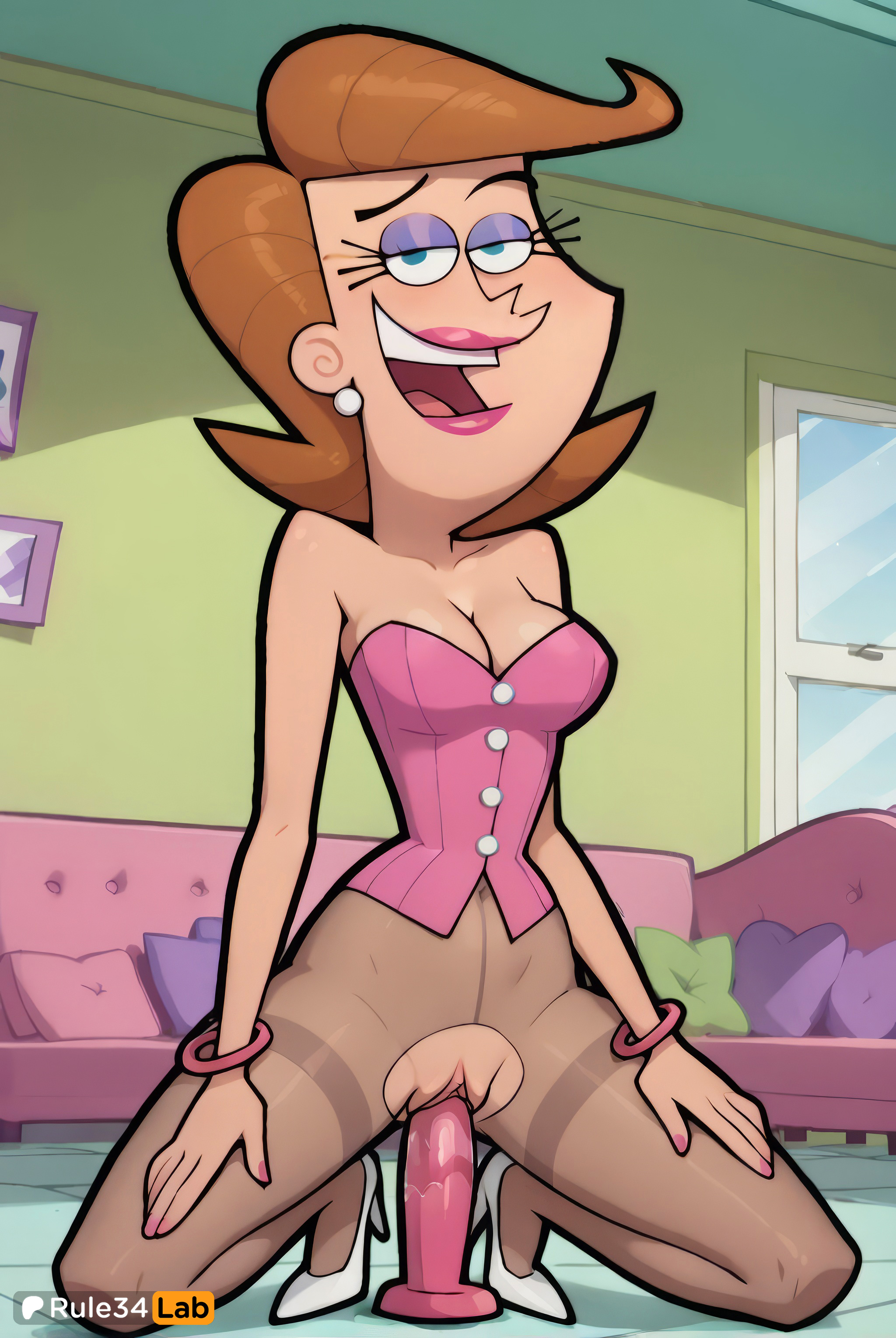1girls, ai generated, artist name, bare shoulders, black pantyhose, blue eyes, bottomless, bracelet, breasts, brown hair, buttons, cleavage, clitoris, collarbone, couch, dildo, dildo in pussy, dildo insertion, dildo riding, earrings, eyeshadow, female, female masturbation, female only, flipped hair, full body, half-closed eyes, hands on own thighs, happy, hi res, high heels, indoors, jewelry, kneeling, lipstick, makeup, masturbation, medium breasts, medium hair, nail polish, nickelodeon, nicktoons, no panties, object insertion, open mouth, pantyhose, pillow, pink dildo, pink nails, pussy, pussy juice, riding dildo, rule34lab, see-through legwear, shirt, short hair, smile, solo, spread legs, strapless, teeth, the fairly oddparents, timmy's mom, torn clothes, torn pantyhose, uncensored, vaginal insertion, vaginal masturbation, vaginal object insertion, vaginal penetration, white footwear, window