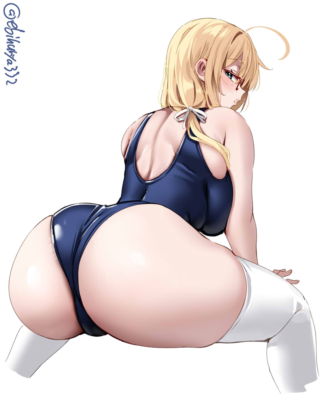 ahoge, arm support, artist name, ass, ass focus, back, blonde hair, blue one-piece swimsuit, blush, breasts, cropped legs, ebifurya, female, from behind, glasses, hair between eyes, hair intakes, hair ribbon, highres, huge ass, i-8 (kantai collection), invisible chair, kantai collection, large breasts, long hair, looking at viewer, looking back, median furrow, one-hour drawing challenge, one-piece swimsuit, red-framed eyewear, ribbon, sidelocks, simple background, sitting, skindentation, solo, swimsuit, thighhighs, thighs, twitter username, white background, white ribbon, white thighhighs