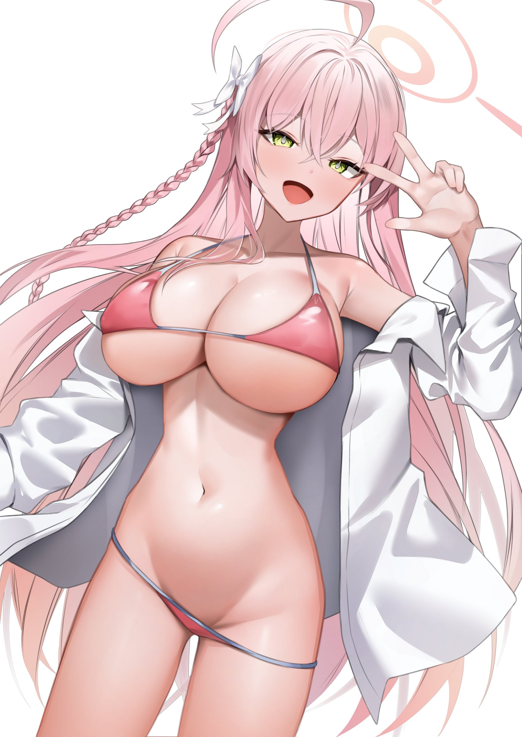 absurdres, ahoge, bikini, bikini bottom lift, blue archive, blush, bow, braid, breasts, collarbone, collared shirt, female, green eyes, groin, hairbow, halo, hanako (blue archive), hanako (swimsuit) (blue archive), highres, large breasts, long hair, long sleeves, looking at viewer, make-up work club (blue archive), navel, open clothes, open mouth, open shirt, pink hair, pink halo, red bikini, shirt, shuvi (shuvi1125), simple background, smile, solo, stomach, swimsuit, thighs, trinity general school student, w, white background, white bow, white shirt