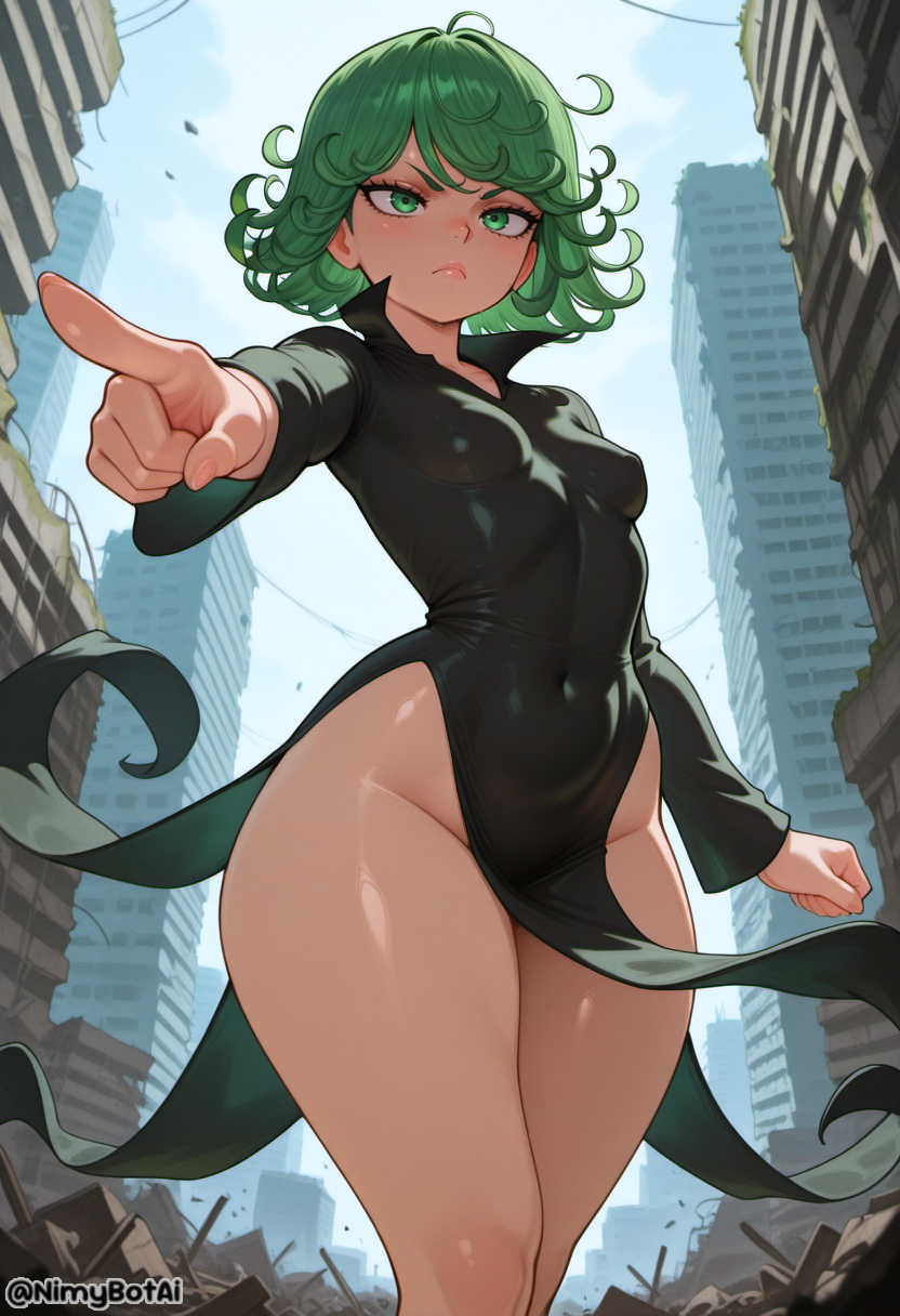 ai generated, black dress, blue sky, breasts, building, closed mouth, covered navel, curly hair, day, dress, female, flipped hair, green eyes, green hair, high resolution, highres, long sleeves, looking at viewer, nimybotai, no panties, one-punch man, outdoors, pelvic curtain, pointing, pointing at viewer, short hair, sky, small breasts, solo, stable diffusion, tatsumaki, thick thighs, thighs, twitter username, wide hips