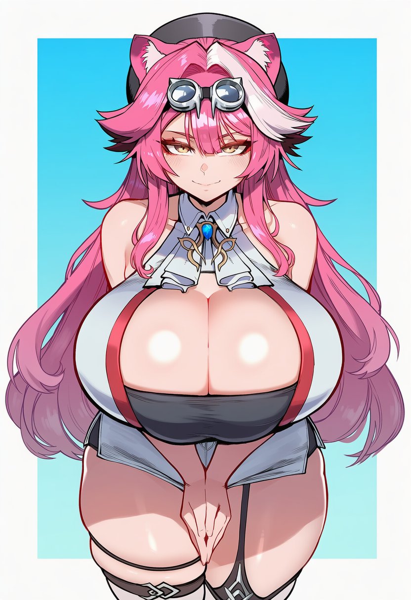 ai generated, animal ears, big breasts, blush, boob window, breasts, female, goggles, hololive, hololive english, hololive english -justice-, huge breasts, long hair, pink hair, raora panthera, thick thighs, virtual youtuber, vtuber, wumiai, yellow eyes