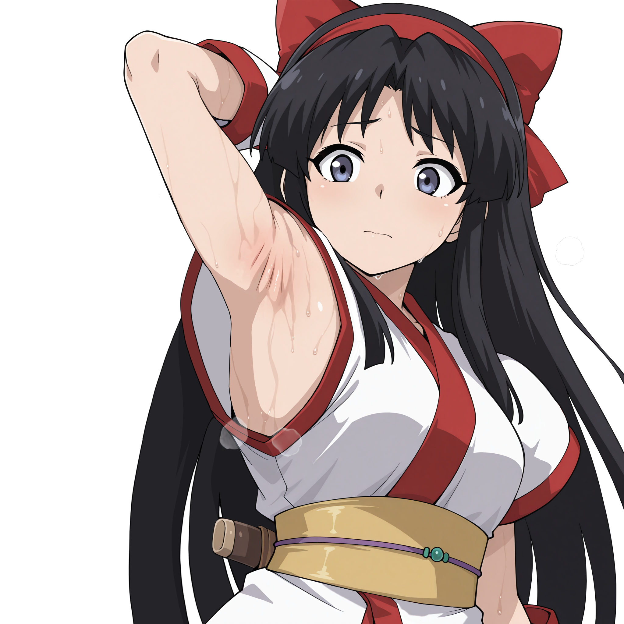 1girls, ainu clothes, arm behind head, armpit focus, armpits, black hair, breasts, female, hair ribbon, highres, king of fighters, long hair, medium breasts, nakoruru, purple eyes, ribbon, samurai shodown, sexy, sexy armpits, sexy pose, smell, snk, solo, sweat, very long hair, voluptuous, weapon