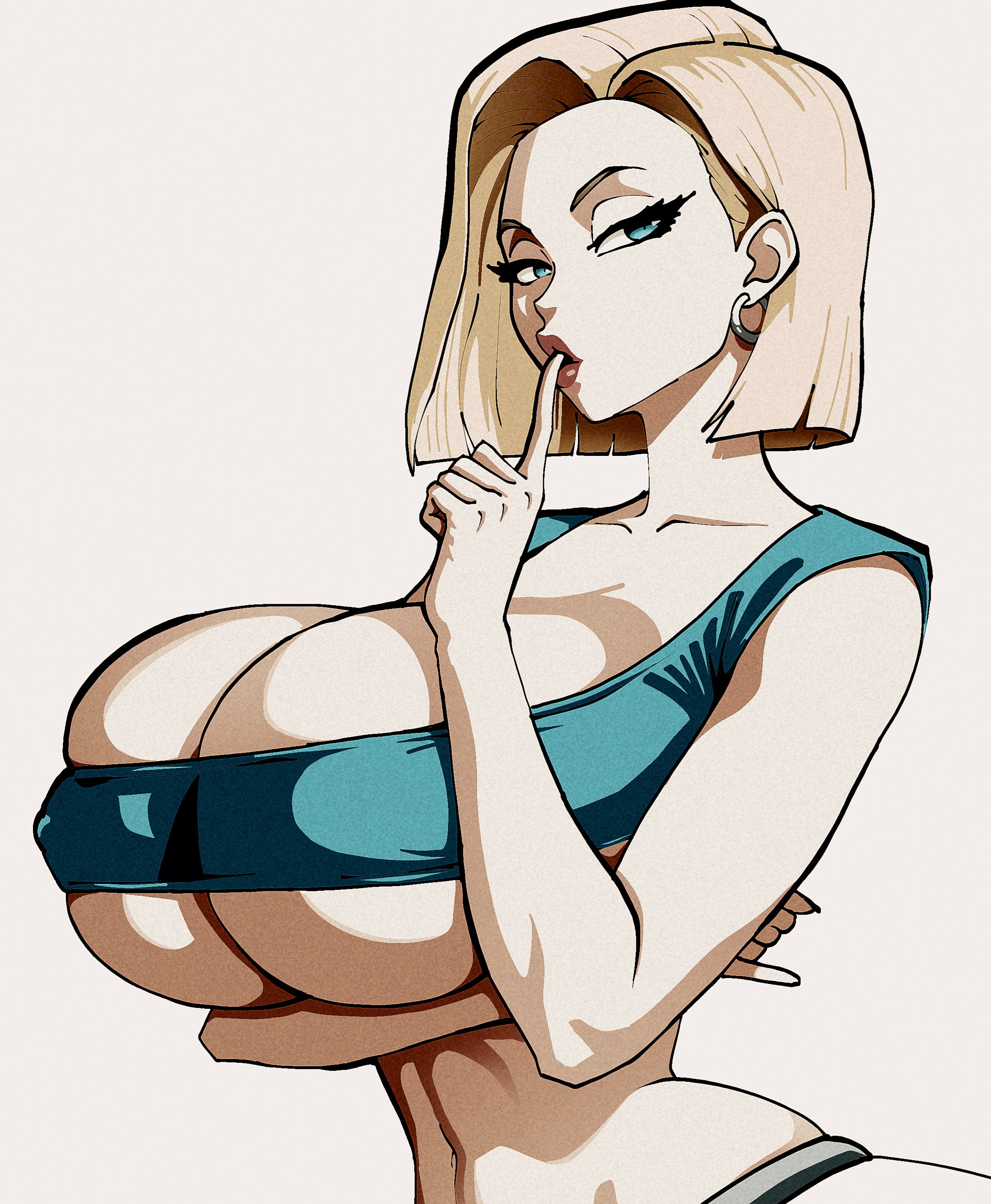 1girls, about to burst, alternate version available, android 18, barely contained, barely contained breasts, barely fits, blonde, blonde female, blonde hair, blonde hair female, blue eyes, blue eyes female, breasts, breasts too big, cameltoe, cleavage, curvy, dragon ball, erect nipples, female, gigantic breasts, gmoreartworks, huge areolae, huge ass, imminent wardrobe malfunction, puffy nipples, red lips, short hair, short hair female, thick lips, voluptuous, wide hips, yellow hair