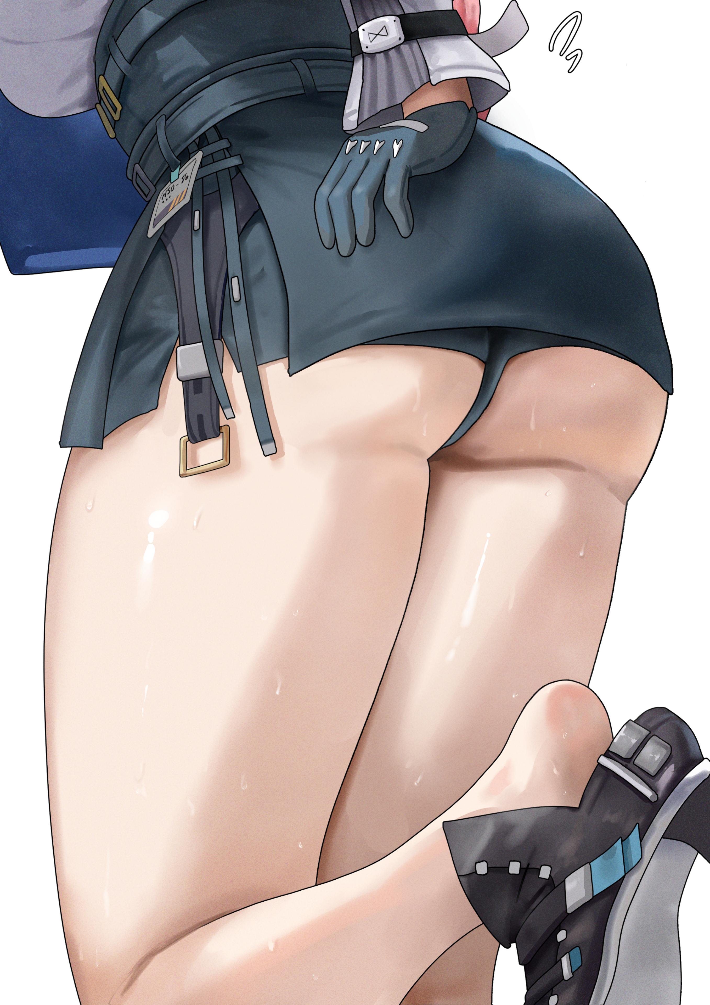 1girls, absurdres, ass, ass focus, black footwear, black gloves, black skirt, female, female only, from behind, gloves, high heels, high-waist skirt, highres, legs, lower body, nisakusa, no socks, out of frame, pencil skirt, simple background, skirt, soles, solo, sweat, tsukishiro yanagi, white background, zenless zone zero