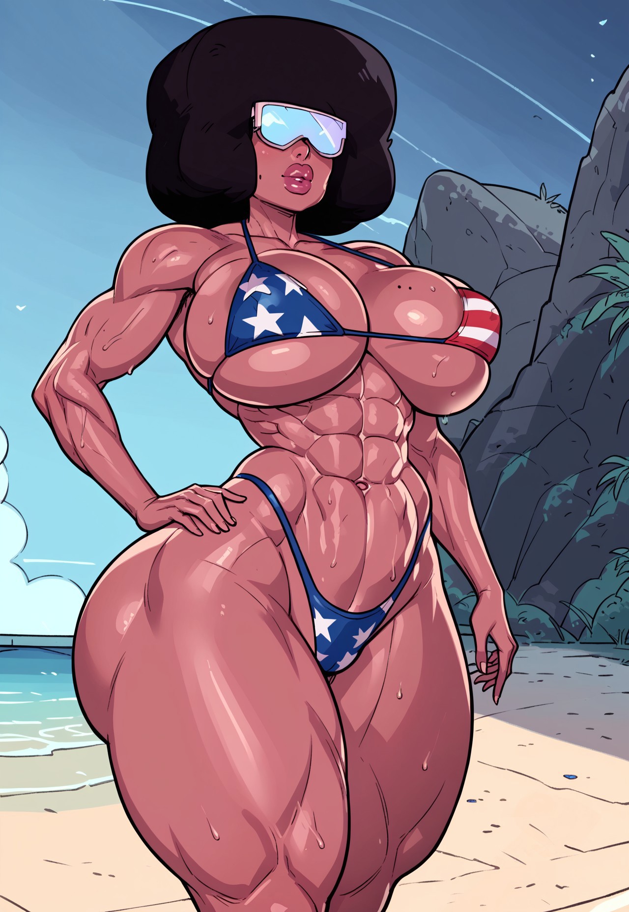 1girls, abs, afro, ai generated, alien, alternate costume, american flag bikini, ass, bare shoulders, beach, big ass, big breasts, bikini, black hair, breasts, cartoon network, civitai, cleavage, clothing, cloud, collarbone, curvy, dark skin, dark-skinned female, day, eyewear, female, female focus, female only, g-string, garnet (steven universe), gem (species), gem fusion, hand on hip, highleg, highleg bikini, highres, hips, huge ass, huge breasts, humanoid, large ass, large breasts, lips, magenta skin, micro bikini, milf, mole, mole on breast, muscular, muscular female, navel, ocean, outdoors, palm tree, pinup, plant, revealing clothes, sand, shiny skin, sideboob, skimpy, skindentation, solo, solo female, steven universe, sweat, sweatdrop, swimsuit, thick lips, thick thighs, thighs, thong, tree, underboob, visor, voluptuous female, water, wide hips