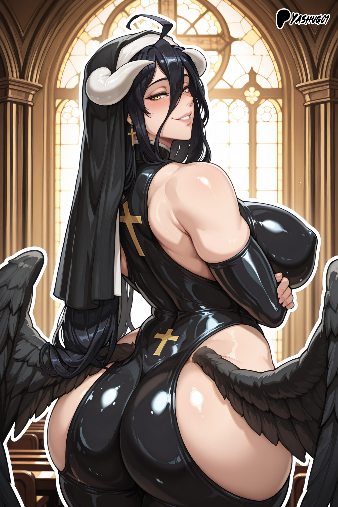 ai generated, albedo (overlord), ass, back view, backboob, bare thighs, big ass, big butt, black hair, breasts, fat ass, female, gigantic ass, gigantic breasts, golden eyes, horn, horns, huge breasts, huge thighs, light skin, light-skinned female, long hair, looking back, massive ass, massive breasts, mature female, nun outfit, nun's habit, overlord (maruyama), smiling, solo female, squatting, succubus, succubus horns, sweat, sweatdrop, thick body, thick female, thick thighs, thighs, voluptuous, voluptuous female, yashugai