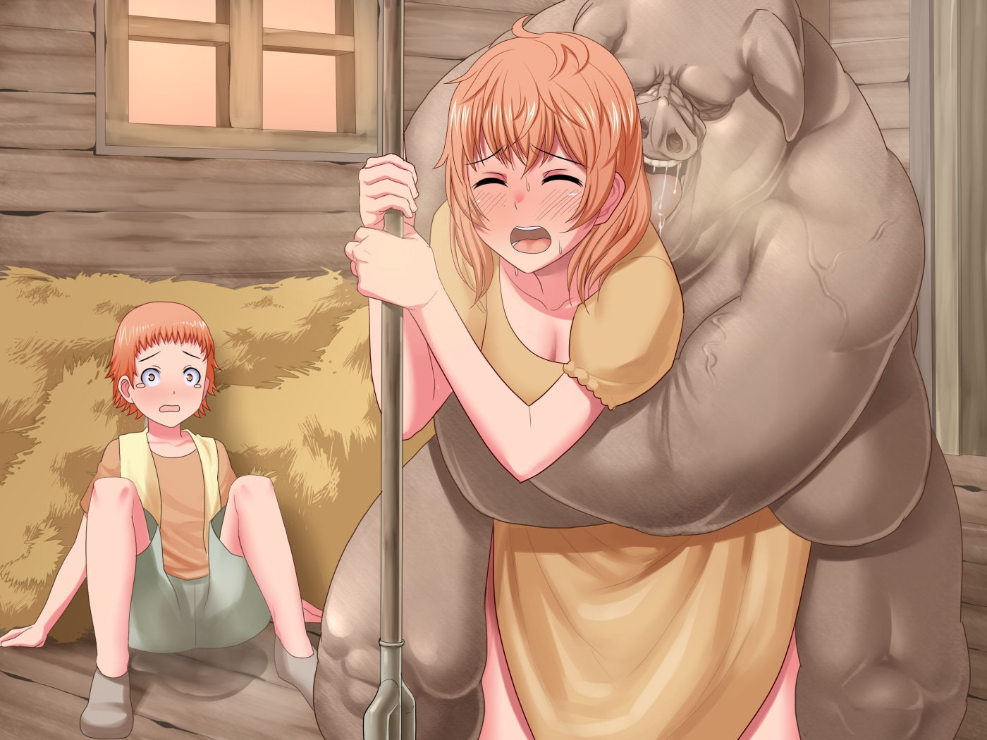 1girls, 2boys, being watched, breasts, closed eyes, clothed sex, clothing, dress, female, from behind, game cg, interspecies, kinoshita (air hike), long hair, male, mother and son, multiple boys, multiple males, netorare, open mouth, orc, orc ni maketa kuni, orc ni maketa kuni 6, peeing, peeing self, rape, short hair, spoils of war, spread legs, tongue, watching