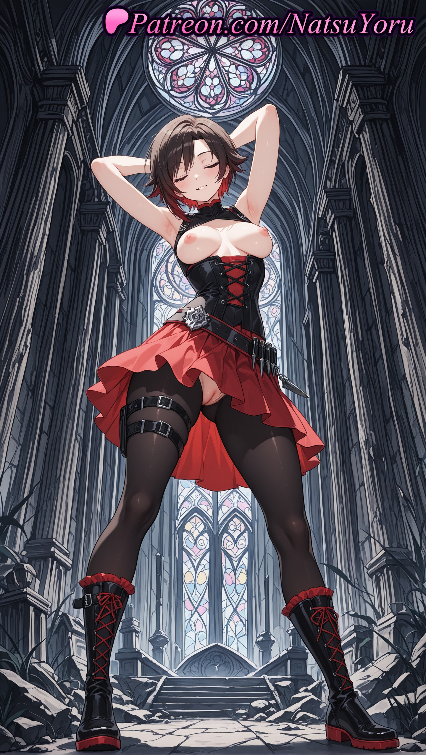 1girls, 2025, ai generated, armpit, armpits, arms behind head, arms up, ass visible through thighs, belt, black belt, black footwear, black hair, black pantyhose, boots, breasts, breasts out, closed eyes, corset, cross-laced footwear, facing viewer, female, female only, full body, hi res, highres, knee boots, medium breasts, natsuyoru, nipples, no panties, pantyhose, patreon, pussy, red hair, red skirt, ruby rose, rwby, rwby ice queendom, short hair, skirt, smile, solo, stained glass, standing, torn clothes, vagina, voluptuous, voluptuous female