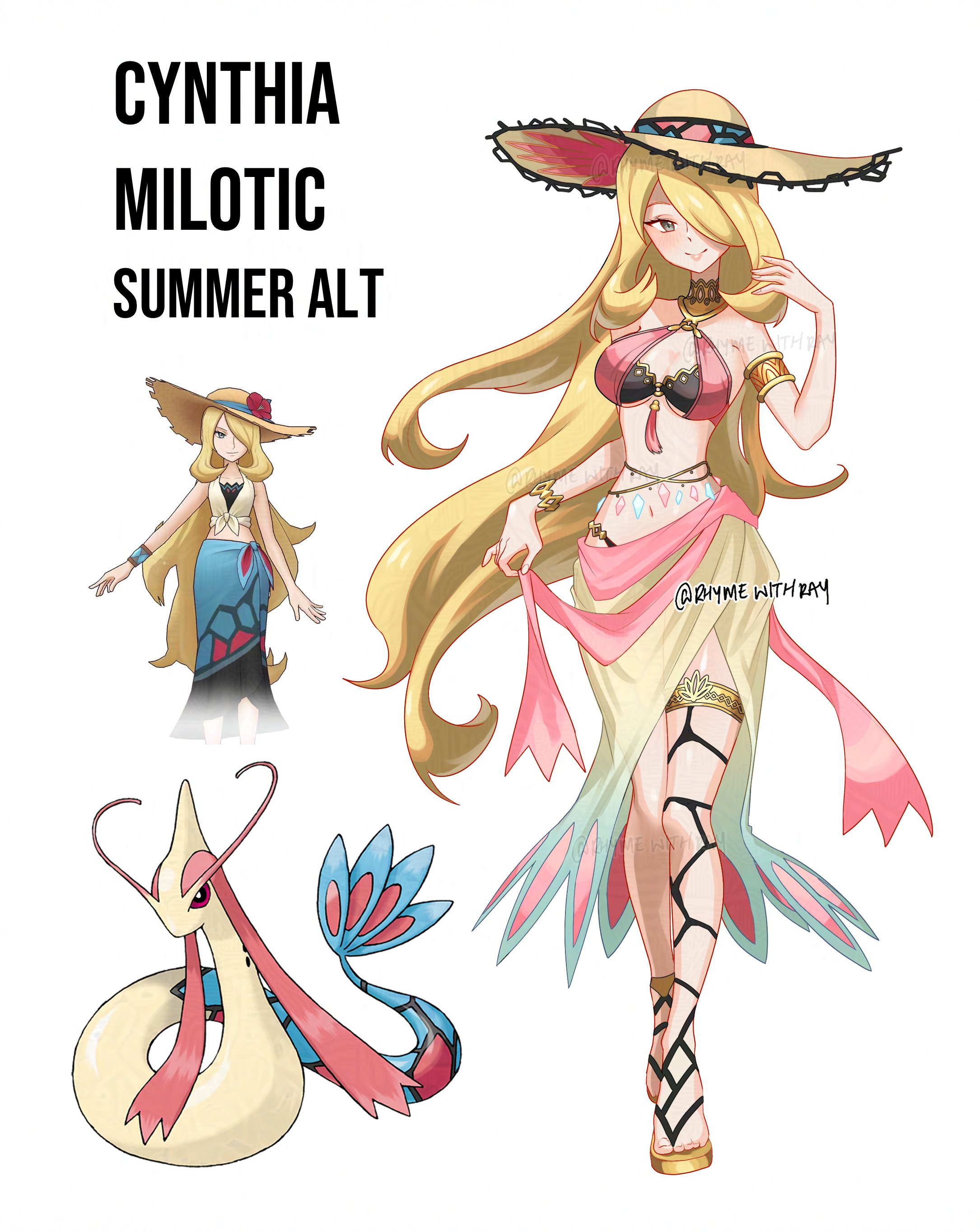 absurdres, armlet, bikini, bikini under clothes, blonde hair, blue sarong, bracelet, breasts, cynthia (pokemon), cynthia (summer 2025) (pokemon masters), female, female only, gen 3 pokemon, grey eyes, hair over one eye, hat, highres, jewelry, medium breasts, milotic, nintendo, official alternate costume, pokemon, pokemon (creature), pokemon masters, pokemon masters ex, rhymewithracy, sarong, standing, straw hat, swimsuit, thighlet, white sarong