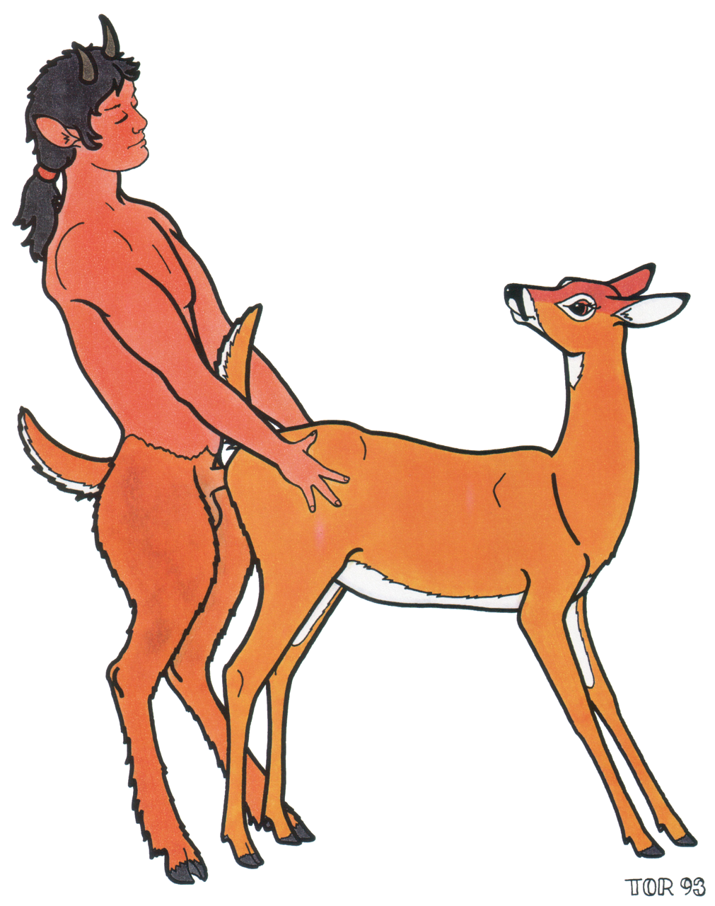 1990s 1993 20th_century ambiguous_penetration black_hair brown_eyes brown_fur cervine cloven_hooves deer duo female feral fur hair hooves horn humanoid humanoid_on_feral humanoid_penetrating_feral looking_back male male_on_feral mammal multicolored_fur nude penetration penile_penetration penis pointy_ears ponytail quadruped satyr simple_background straight tim_o'rourke two_tone_fur white_background white_fur year zoophilia