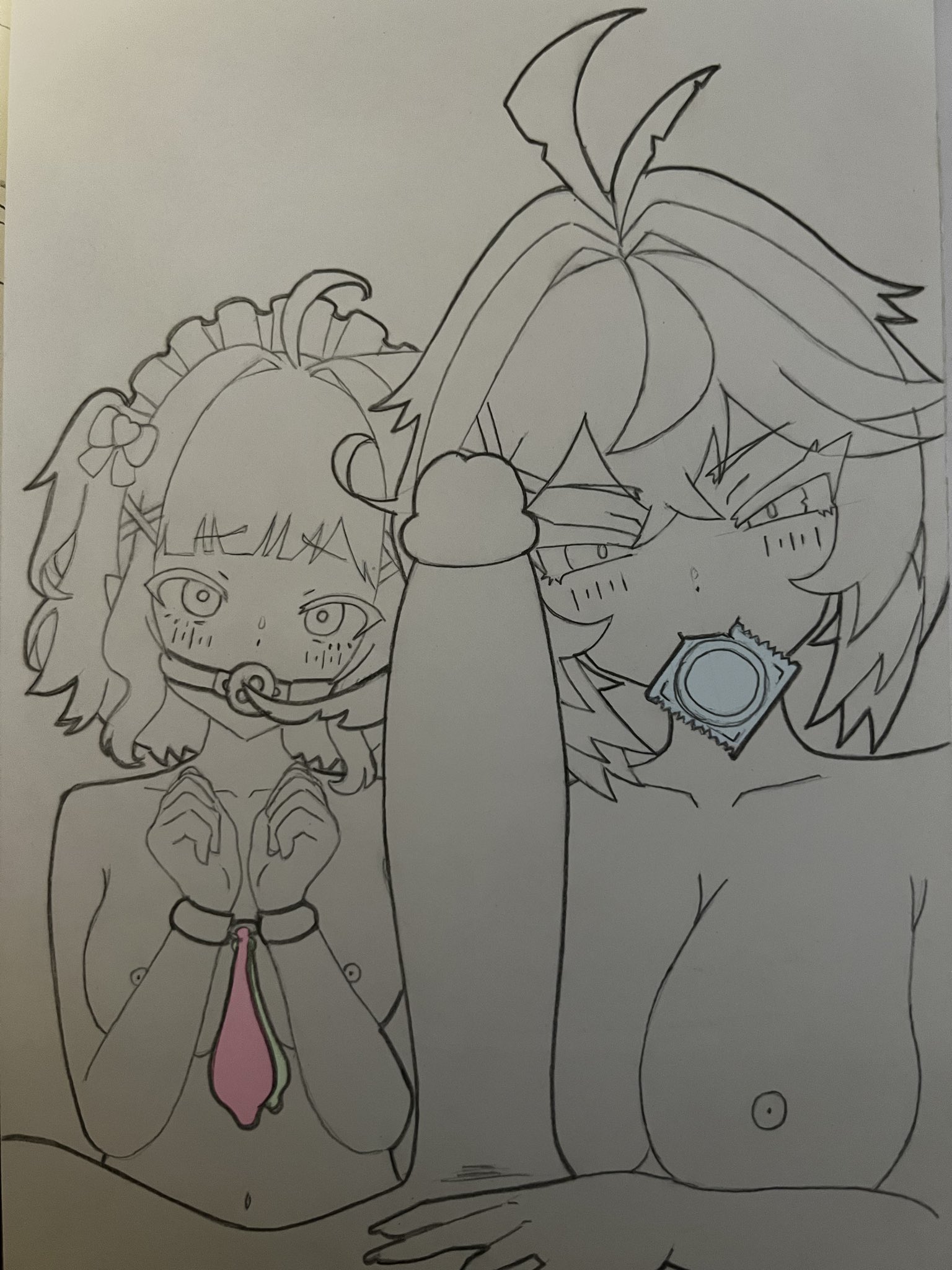 1boy, breasts, condom, condom in mouth, densetsu.exe, dokibird, huge breasts, maid mint, male, mint fantome, tentarare, used condom, used condoms, virtual youtuber