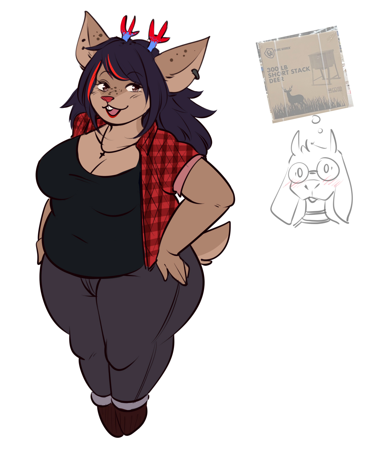 1boy, 1girls, 2025, 2d, 2d (artwork), alternate body size, animal ears, anthro, anthro female, anthro only, antlers, asriel dreemurr, ass, background character, bangs, bbw, belly, belly overhang, big ass, big belly, big breasts, big thighs, black hair, black shirt, black-haired female, breasts, brown eyes, brown fur, brown-eyed female, buckteeth, cervine, chubby, chubby anthro, chubby belly, chubby female, cleavage, clothed, clothed female, collared shirt, color, colored, countershade face, countershade fur, countershade tail, countershade torso, countershading, cross necklace, deer, deer ears, deer girl, deer tail, deltarune, dess holiday, digital media (artwork), ear piercing, earring, fat, fat ass, fat belly, fat female, feet together, female, female focus, freckles, freckles on ears, freckles on face, front view, full body, fully clothed, fully clothed female, furry, furry female, furry only, grey leggings, grey legwear, grey pants, hand on ass, hand on hip, hand on own ass, hand on own hip, hi res, high resolution, highres, leggings, legs together, long hair, long-haired female, male, messy hair, multicolored hair, navel, navel visible through clothes, necklace, no humans, non-human, obese, obese female, open mouth, open shirt, overweight, overweight female, pants, plaid, plaid clothes, plaid shirt, plump, plump belly, plump breasts, plump female, red highlights, red lips, red lipstick, red nose, red plaid, red plaid shirt, red shirt, shirt, short female, short tail, shortstack, sidelocks, simple background, smile, solo focus, standing, swept bangs, tail, thick, thick thighs, thighs together, two-tone hair, undertale (series), white background, zevulpes