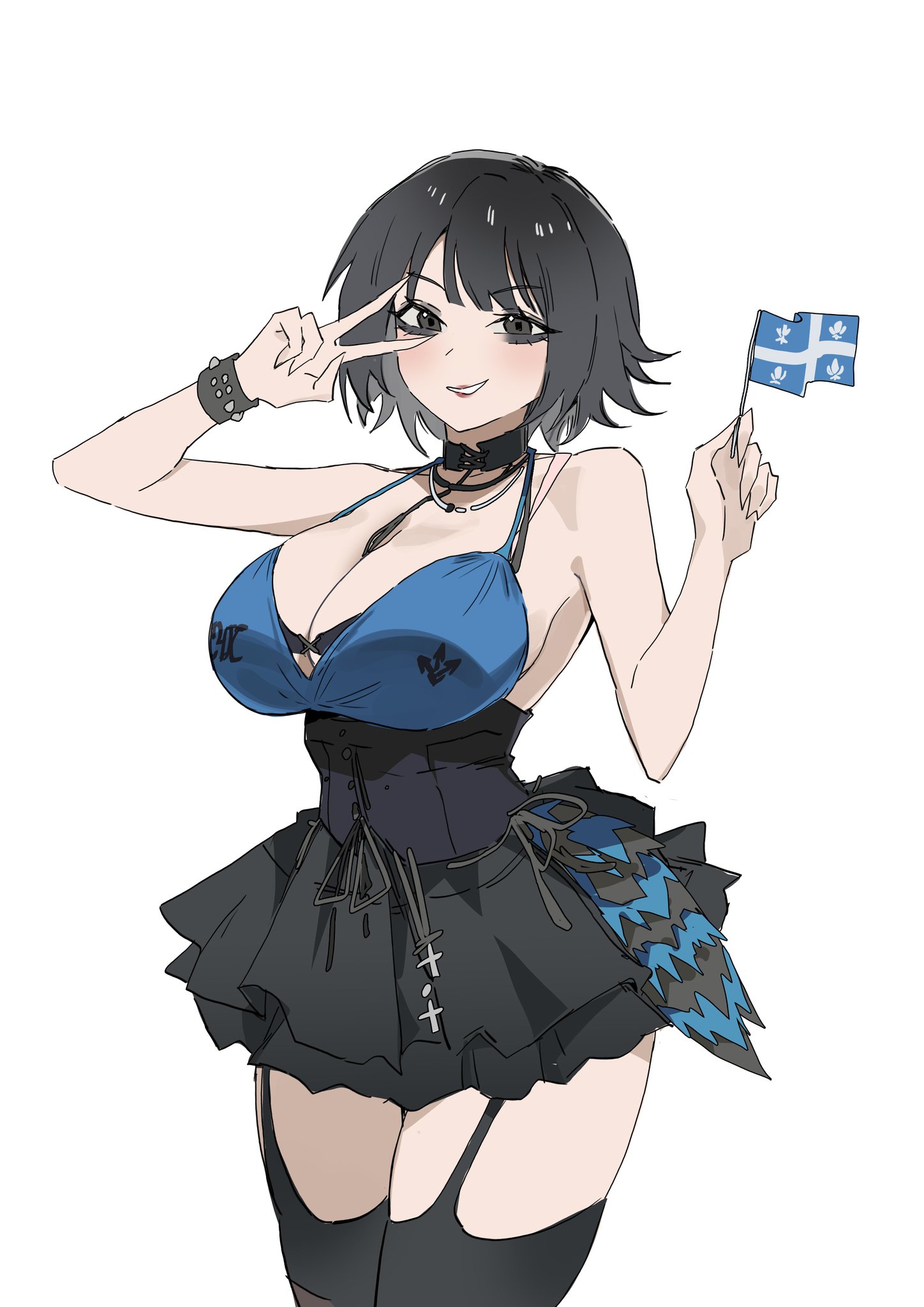 1girls, absurdres, black eyeliner, black hair, black lips, black skirt, bra, breasts, choker, cleavage, corset, cowboy shot, eyeliner, female, garter straps, goth, goth girl, highres, makeup, miniskirt, original, quebec flag, real person, short hair, shouz, simple background, skirt, smile, solo, thighhighs, underwear, v, white background