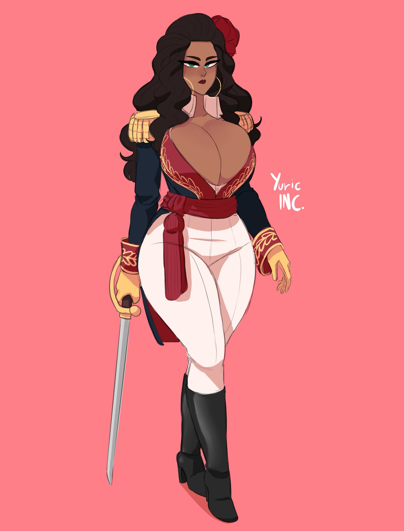 artist name, ass, belt, big ass, big breasts, black boots, boots, breasts, breasts bigger than head, brown hair, busty, buttons, cleavage, clothing, country inc (yuric inc), earrings, eyeliner, eyeshadow, female, gigantic breasts, gloves, green eyes, hoop earrings, hourglass figure, jeans, jewelry, large ass, large breasts, latina, long hair, looking at viewer, makeup, mascara, massive ass, mexico (yuric inc), national personification, red lipstick, rose, sword, thick thighs, thunder thighs, tight clothing, traditional clothes, trousers, voluptuous, watermark, yuric inc
