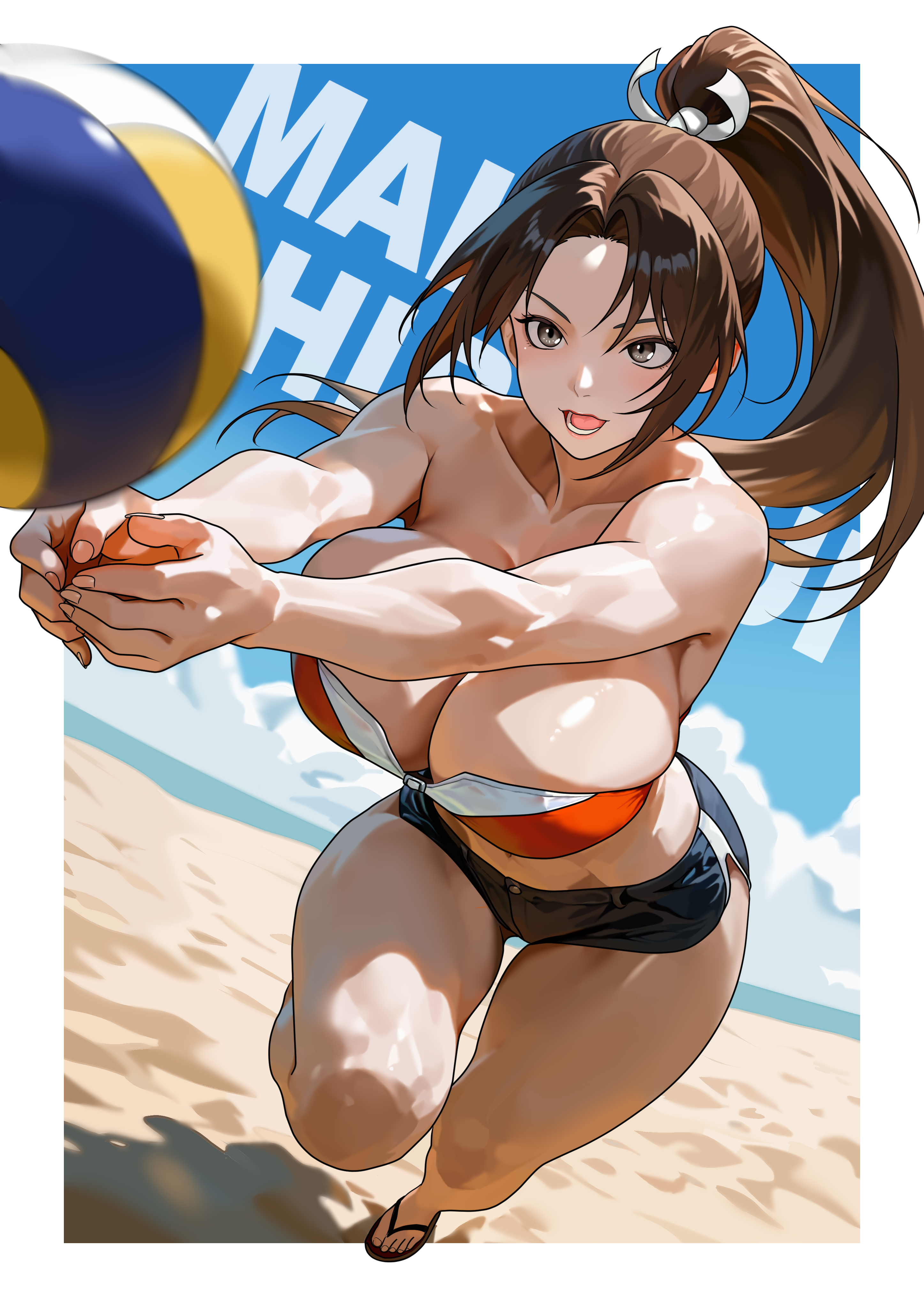 1girls, beach, big breasts, breasts, brown hair, fatal fury, female, flip flops, highres, huge breasts, king of fighters, light skin, light-skinned female, long hair, mai shiranui, ponytail, sand, sandals, shorts, solo, thick thighs, thighs, tied hair, volleyball, volleyball (ball), wide hips, yagi (joe731842)