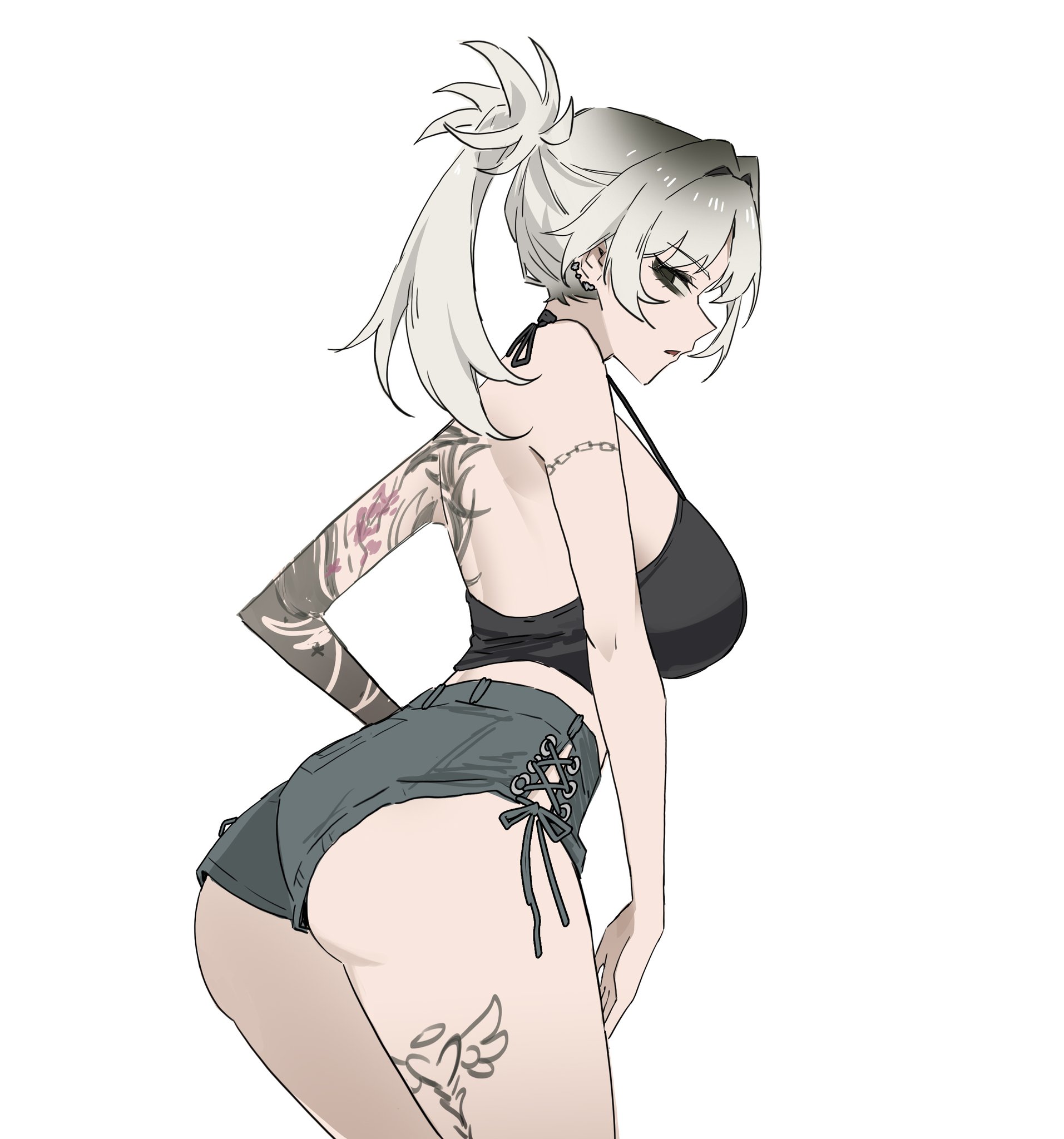 absurdres, ass, back view, backshots, expressionless, female, highres, short shorts, shorts, shouz, simple background, sliver hair, tagme, tattoo, tattoo on arm, tattoo on legs, thighs, urban fashion