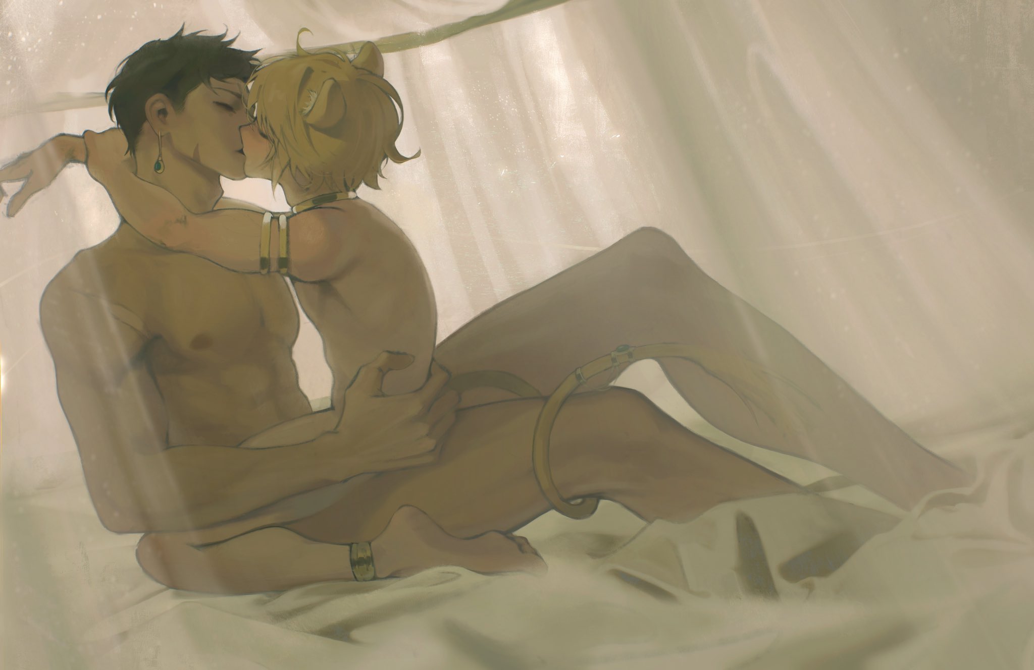 2boys, ambiguous penetration, animal ears, animal tail, arm bracelets, arms around neck, bed, bed curtains, bedroom, big dom small sub, bigger male, blonde hair, canopy bed, closed eyes, dark hair, dark skin, dark-skinned male, earrings, femboy, fluffy hair, gay, gay sex, hand on back, hands on back, holding, in bed, jewelry, khimi (meteorkittens), kiss on lips, kissing, kissing while penetrated, light skin, light-skinned male, lion boy, lion ears, lion tail, lumi (meteorkittens), male, male only, male penetrating male, male/male, meteorkittens, muscular, muscular male, necklace, nipples, oc, qxq illus, sex, sheets, short hair, size difference, smaller male, yaoi
