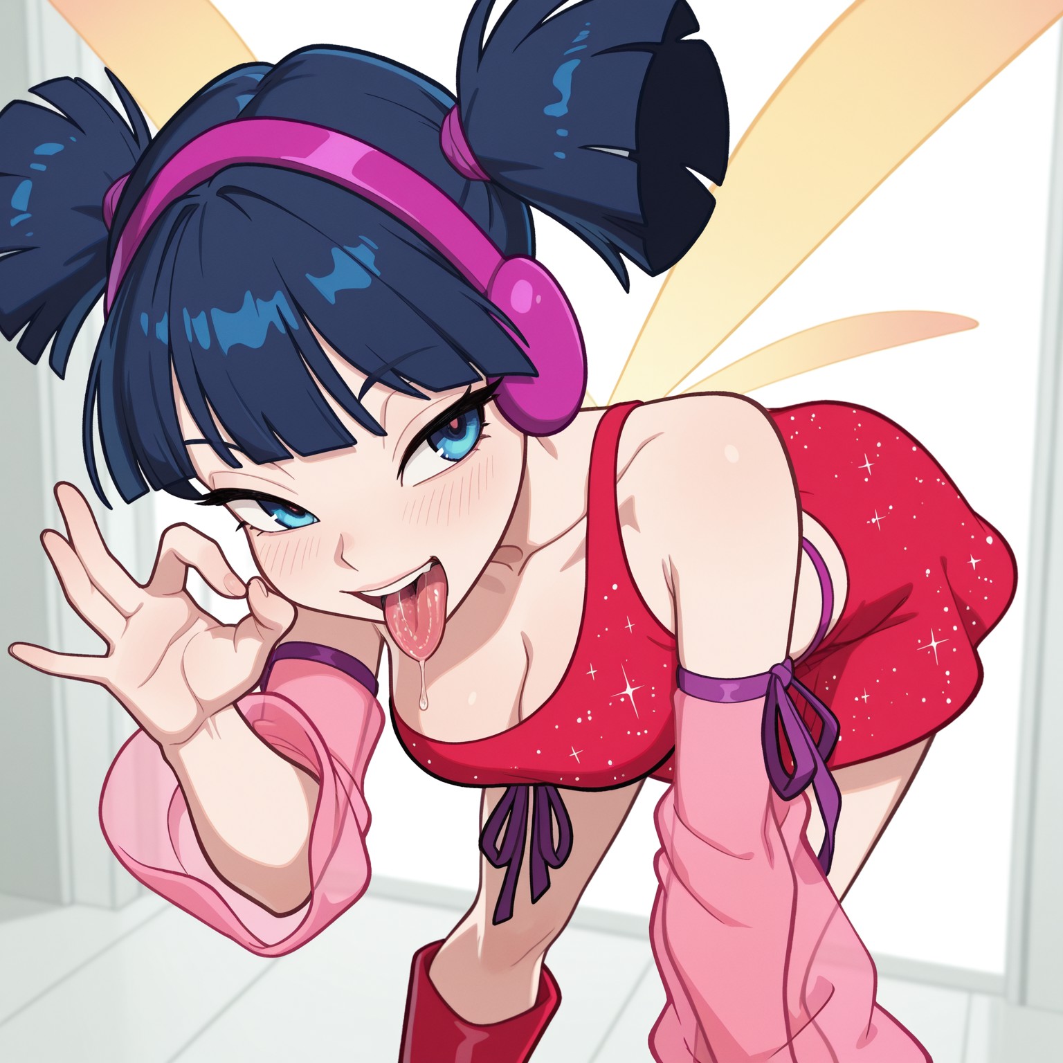 ai generated, bedroom eyes, blue eyes, blue hair, blush, boots, breasts, civitai, cleavage, fairy wings, fellatio gesture, female, headphones, leaning forward, miniskirt, musa (winx club), open mouth, red clothing, saliva, short twintails, sleeves, sparkles, sparkling clothing, tomom5, tongue out, topwear, winx club