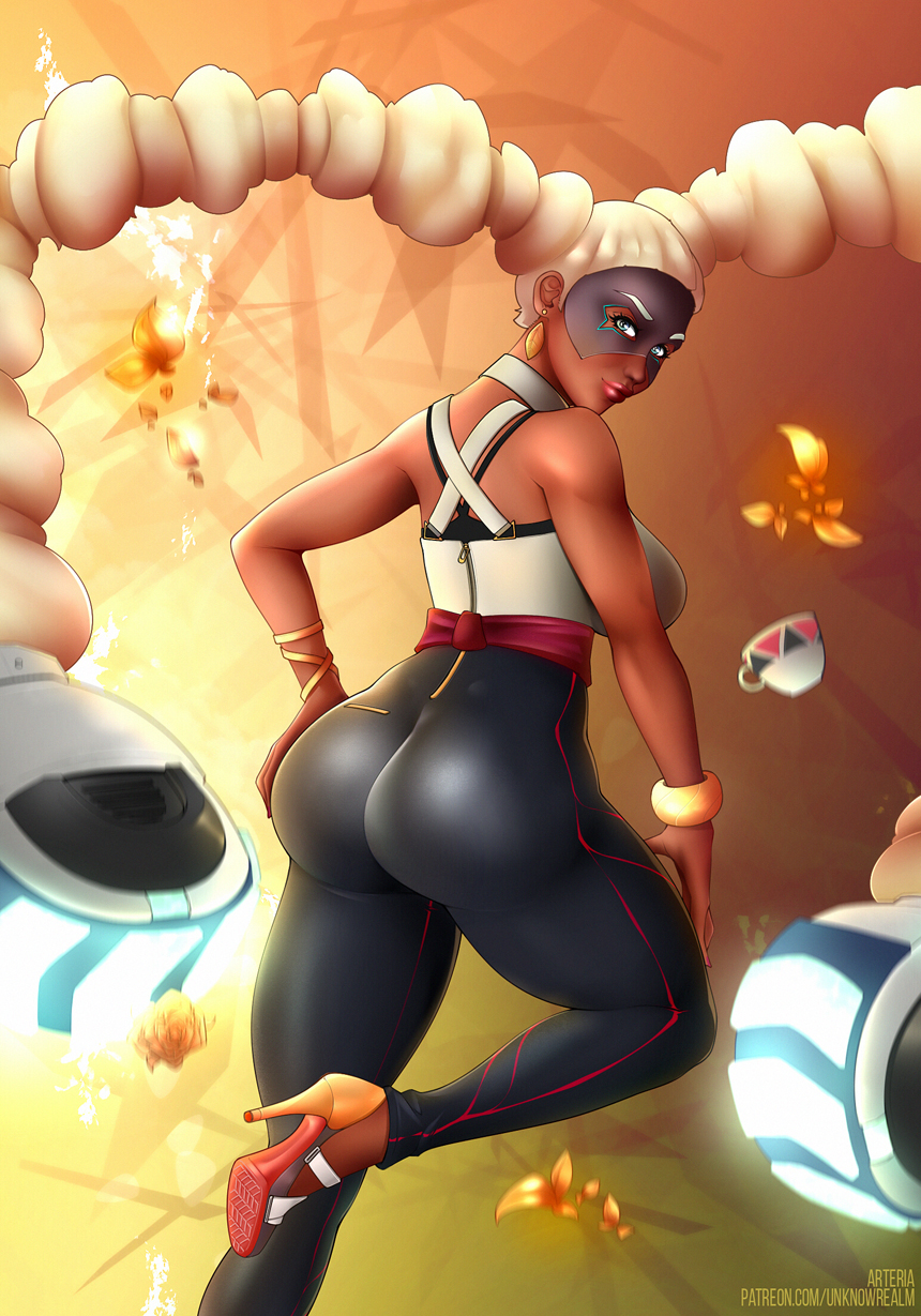 1girls, arms (game), ass, breasts, dark skin, dark-skinned female, female, female only, looking back, nintendo, sideboob, solo, straight hair, tight pants, twintails, twintelle