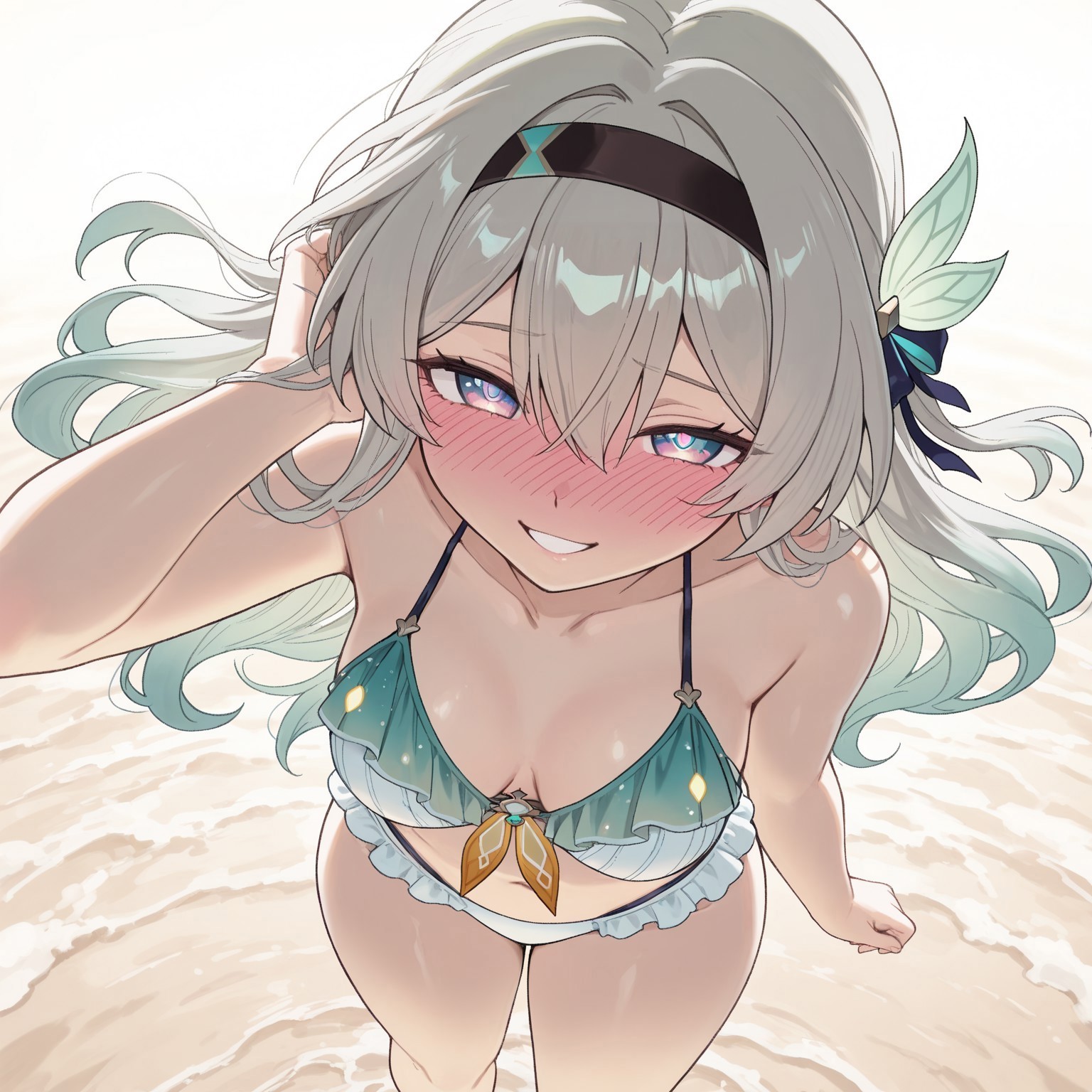 1girls, ai generated, beach, bikini, black hairband, blush, breasts, civitai, female, firefly (honkai: star rail), gradient eyes, hair between eyes, hair ornament, hairband, honkai (series), honkai: star rail, hoyoverse, light skin, light-skinned female, long hair, mihoyo, multicolored eyes, randomname881, thighs, white hair