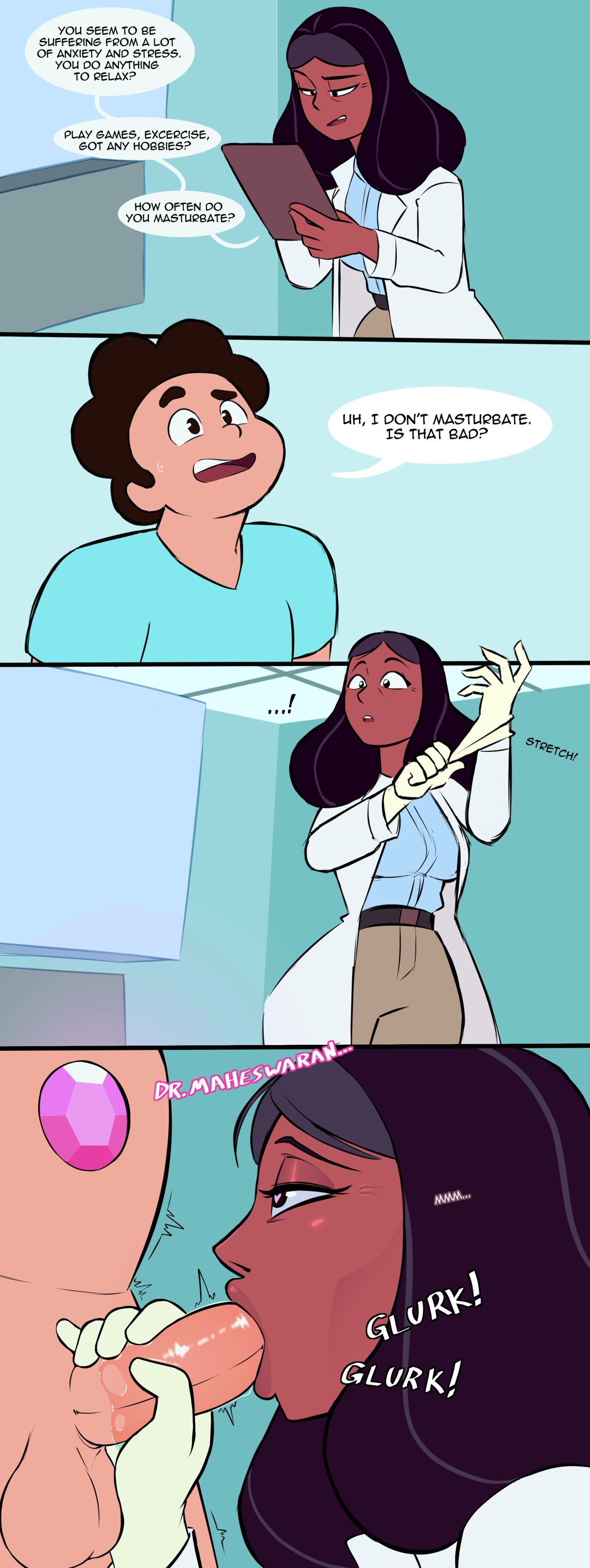 blowjob, dark-skinned female, digitalkaiju, doctor, fellatio, handjob, interracial, light-skinned male, older female, priyanka maheswaran, sound effects, steven quartz universe, steven universe, younger male
