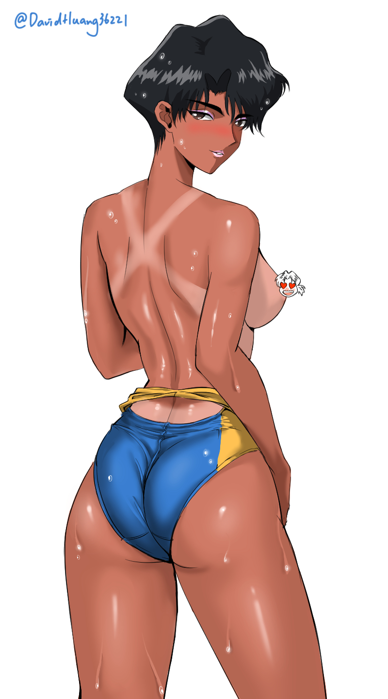 artist name, ass, ayuko hayami, back view, black hair, breasts, dark skin, dark-skinned female, davidhuang36221, female, golden boy, kintaro oe, looking over shoulder, novelty censor, one-piece swimsuit, perky breasts, short black hair, short hair, sideboob, soaking wet, swimsuit, swimsuit down, tanline, water droplets, white background