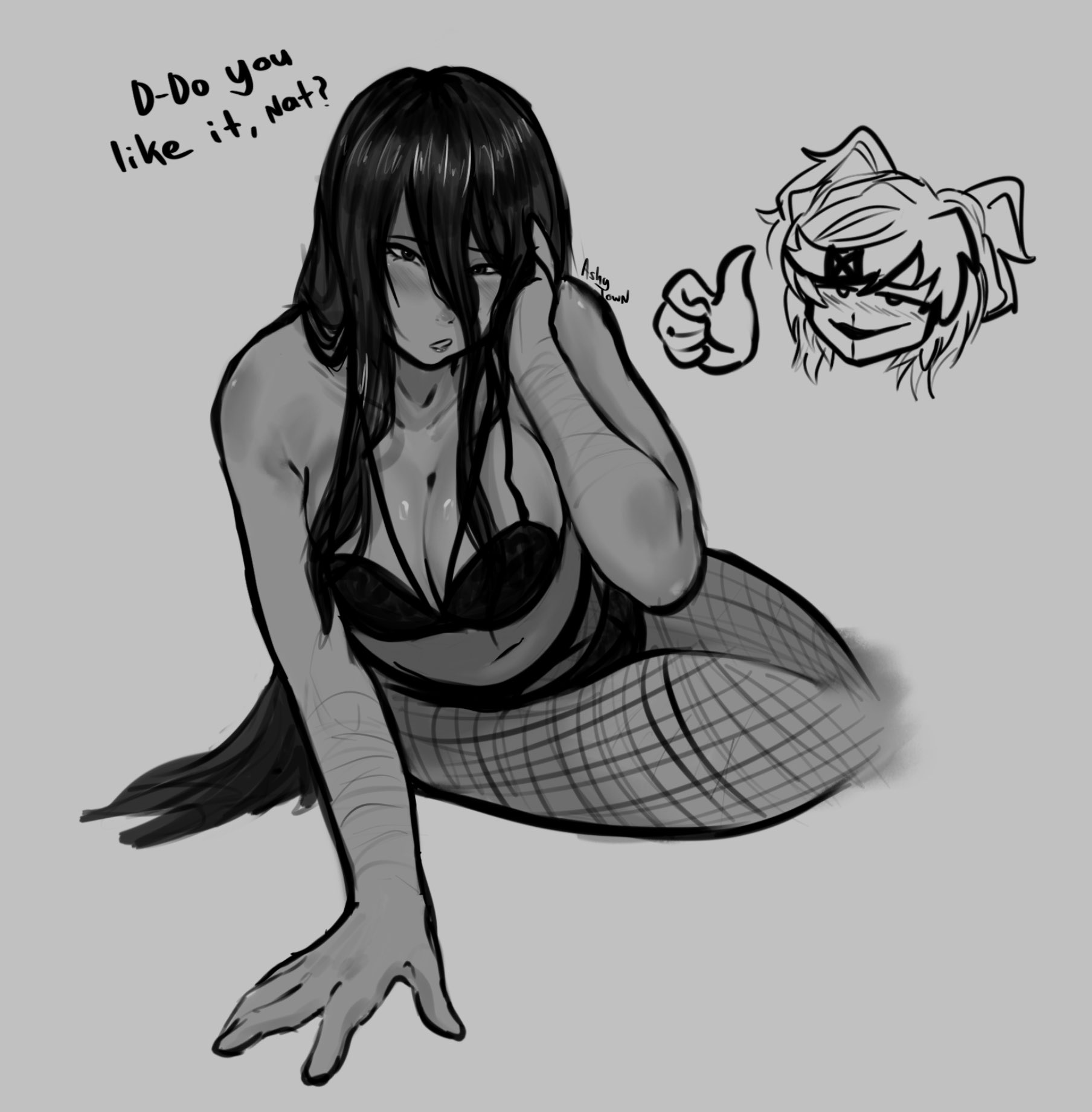 2girls, 5 fingers, big breasts, bra, breasts, cleavage, doki doki literature club, english text, female, female only, fishnet legwear, fishnets, healed scars, legwear, lesbian, lesbians, long hair, monochrome, multiple females, multiple girls, natsuki (doki doki literature club), reaction shot, scars, self harm scars, short hair, solo focus, spicytown, stuttering, text, thighs, yuri, yuri (doki doki literature club)