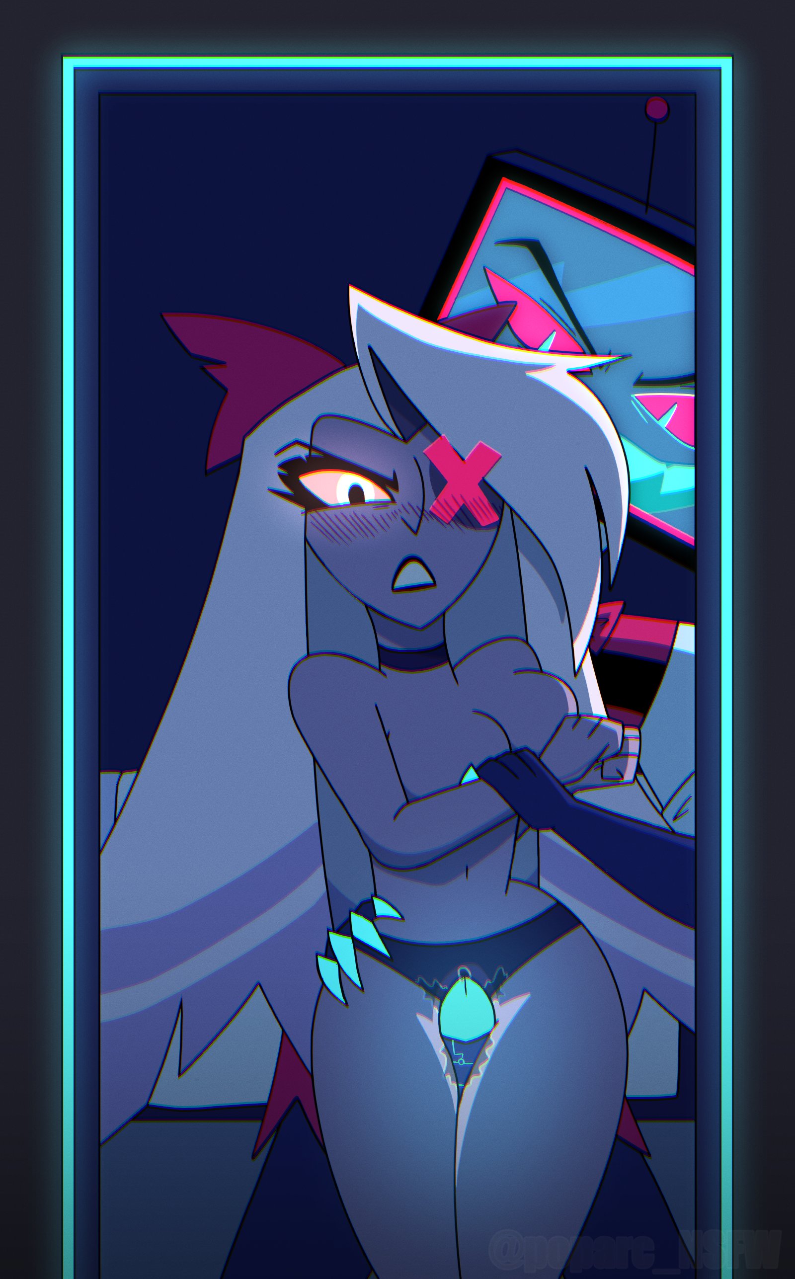blush, bow, breasts, clothed, clothing, duo, erection, female, grey body, hazbin hotel, long hair, male, male/female, open mouth, open smile, panties, partially clothed, penis, poparc nsfw, sex, smile, standing, straight, thick thighs, thigh sex, thighjob, tv head, vaggie (hazbin hotel), vivienne medrano, vivziepop, vox (hazbin hotel)