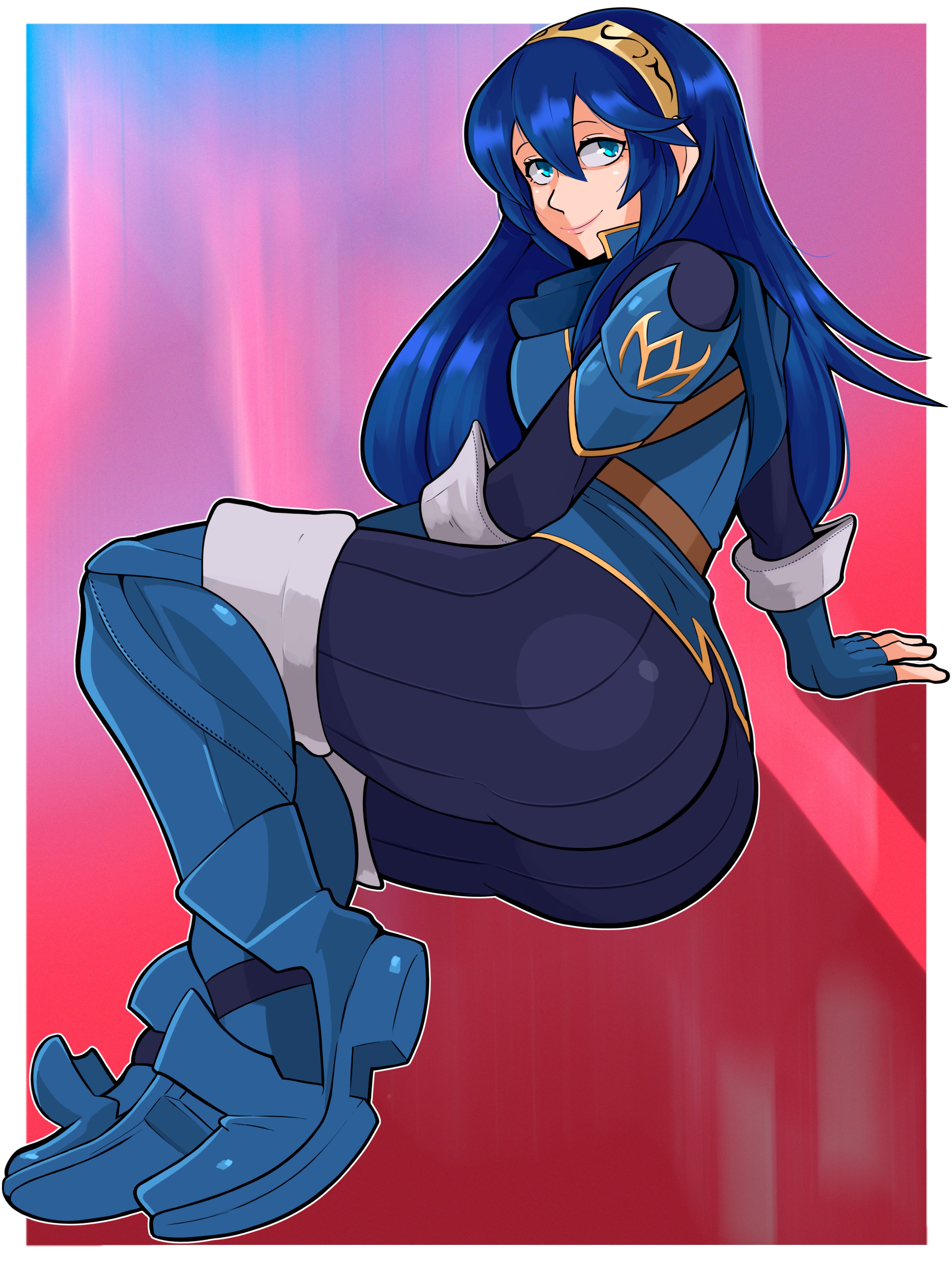 1girls, ass, blue eyes, blue hair, boots, female, female only, fingerless gloves, fire emblem, fire emblem awakening, gloves, hair between eyes, knee boots, legs together, long hair, lucina (fire emblem), nintendo, non nude, on side, pepperoni ravioli, solo, tiara