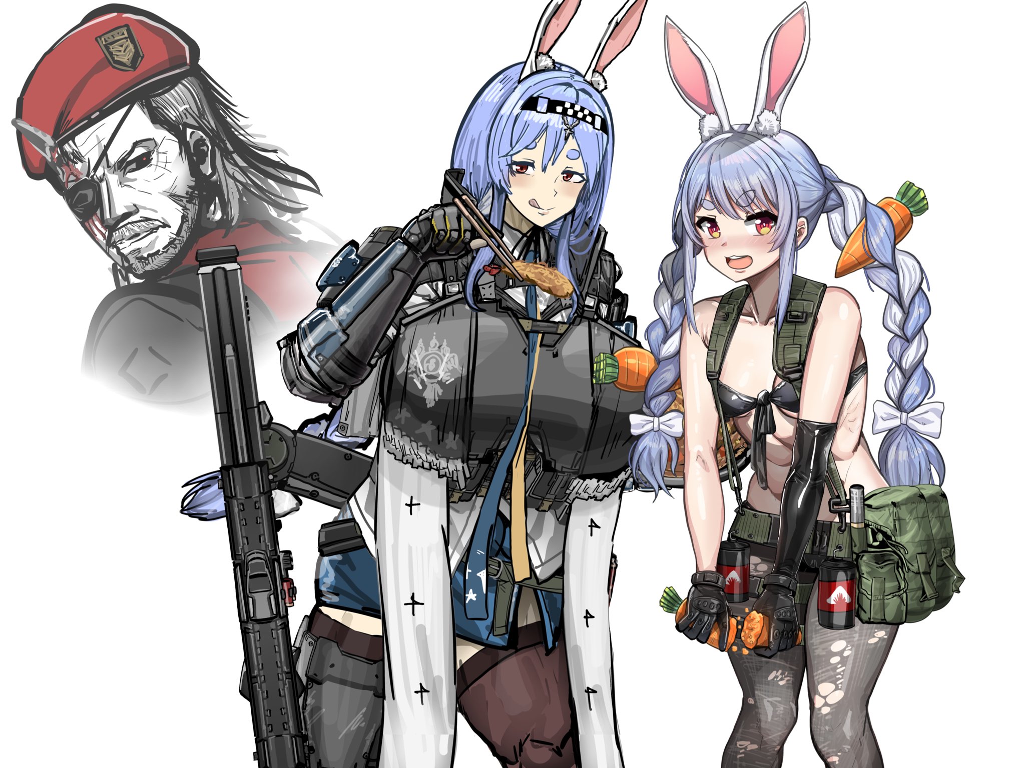 2girls, abs, chest rig, female, fit, fit female, hololive, hololive fantasy, hololive japan, holy reich, metal gear solid, mother and daughter, pekomama, tacticool, usada pekora, virtual youtuber