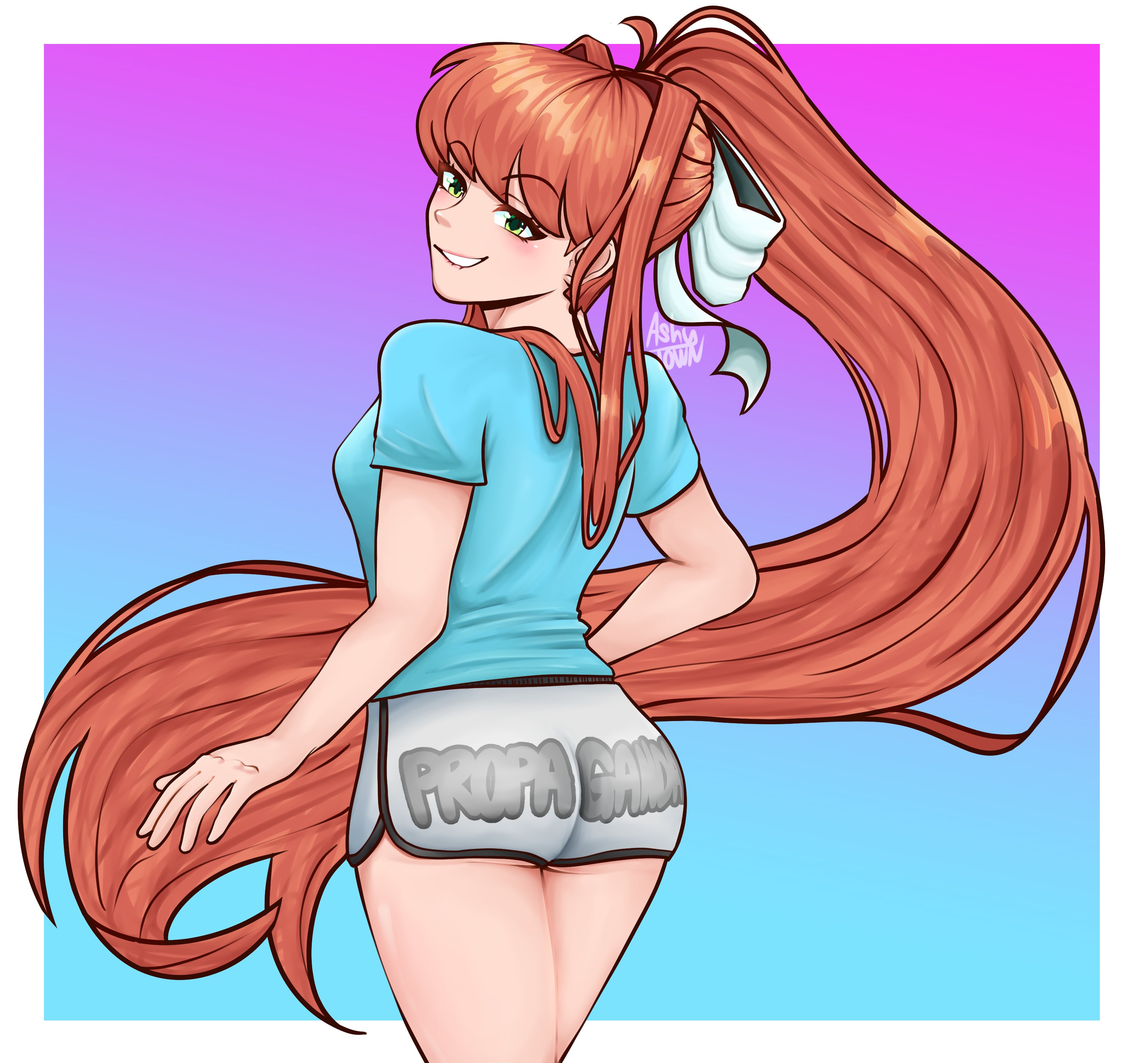 1girls, artist name, doki doki literature club, english text, female, female only, green eyes, long hair, looking at viewer, monika (doki doki literature club), propaganda, redraw, shirt, shorts, solo, solo female, spicytown, text, text on bottomwear, text on clothing, text on shorts, white hair bow, you are not immune to propaganda