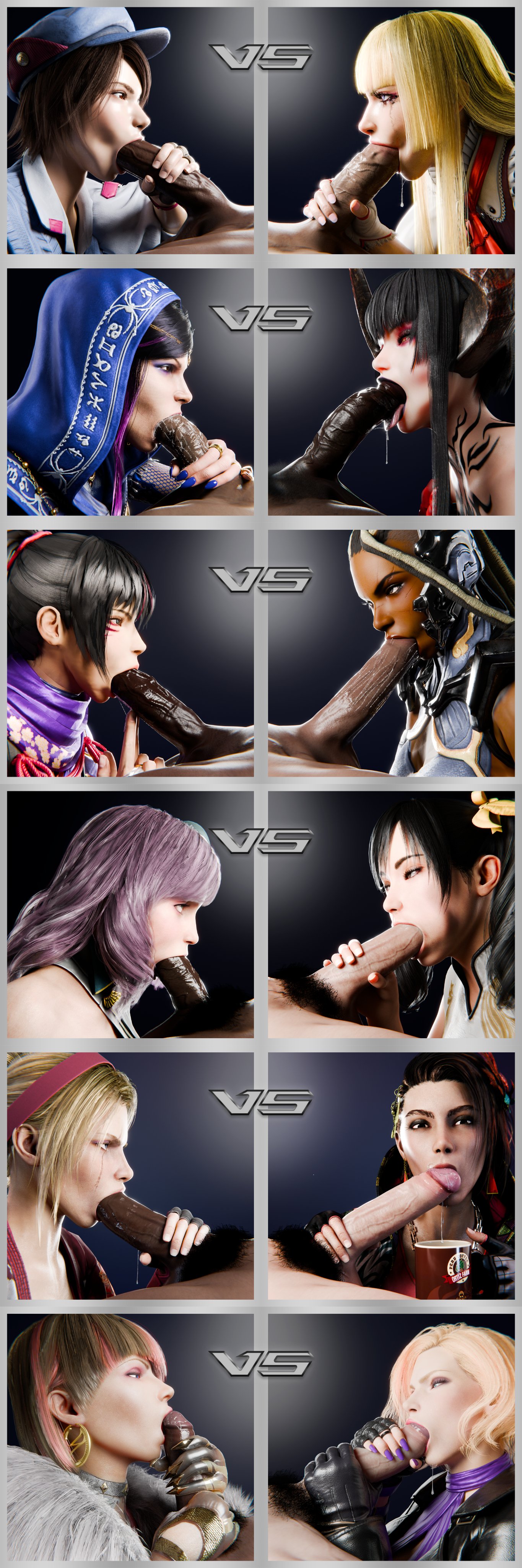 12boys, 12girls, 3d, 3d (artwork), alisa bosconovitch, android, anna williams, asian female, azucena milagros ortiz castillo, bandai namco, big penis, black gloves, black hair, blonde hair, blowjob, blowjob competition, blowjob contest, blue eyes, brown eyes, cabezadeperro00, competitive sex, curved horns, dark-skinned female, dark-skinned male, eliza (tekken), emilie de rochefort, fellatio, female, fingerless gloves, gloved handjob, gloves, green eyes, hand on penis, handjob, handjob with gloves, holding penis, horns, interracial, kazama asuka, kunimitsu ii, latina, leather gloves, lidia sobieska, light-skinned female, light-skinned male, ling xiaoyu, male, master raven, namco, nina williams, oral, oral penetration, oral sex, penis, penis in mouth, peruvian female, pink eyes, ponytail, sister, sisters, tekken, tekken 7, tekken 8, tongue, tongue out, touching penis, twintails, uncensored, unseen male face, vampire, vampire girl, wanting, wanting cum, zafina (tekken)
