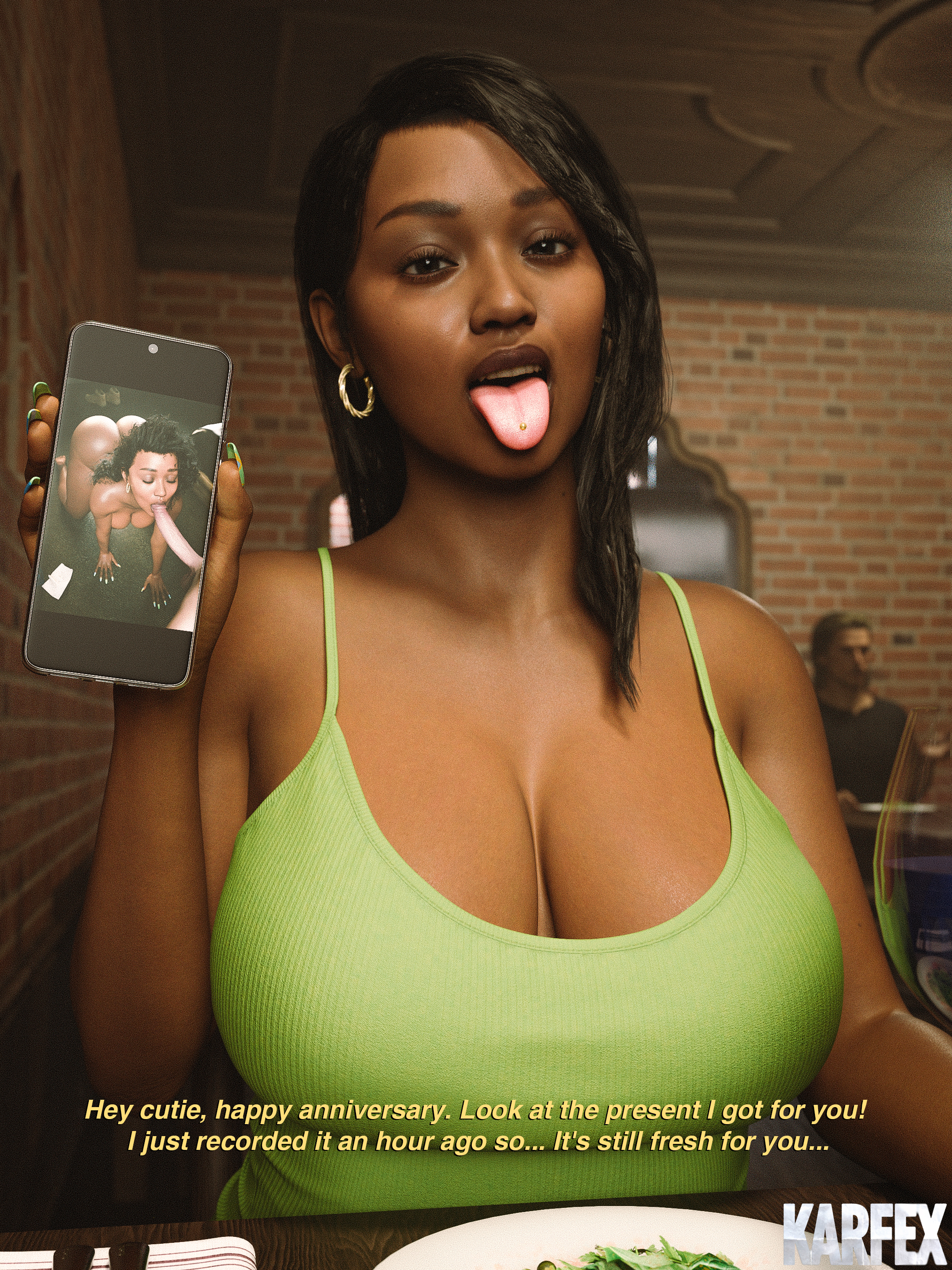 3d, blowjob, blowjob face, breasts, cuck, cuckold, cuckold pov, cuckolding, dark skin, dark-skinned female, dark-skinned sub, dress, female, huge ass, huge breasts, huge cock, interracial, jasmine (karfex), karfex, light skin, light-skinned male, male, netorare, netorase, ntr, original character, penis, phone, phone screen, pierced tongue, piercing, public, public reminder, teasing, teasing cuck, teasing cuck with phone