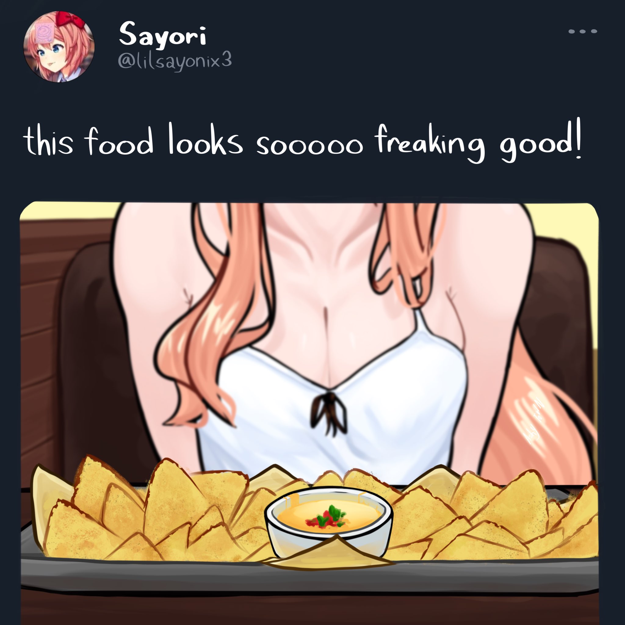 breasts, cheese, chips, chips (food), cleavage, doki doki literature club, female, food, monika (doki doki literature club), nachos, spicytown, twitter, twitter post, white dress
