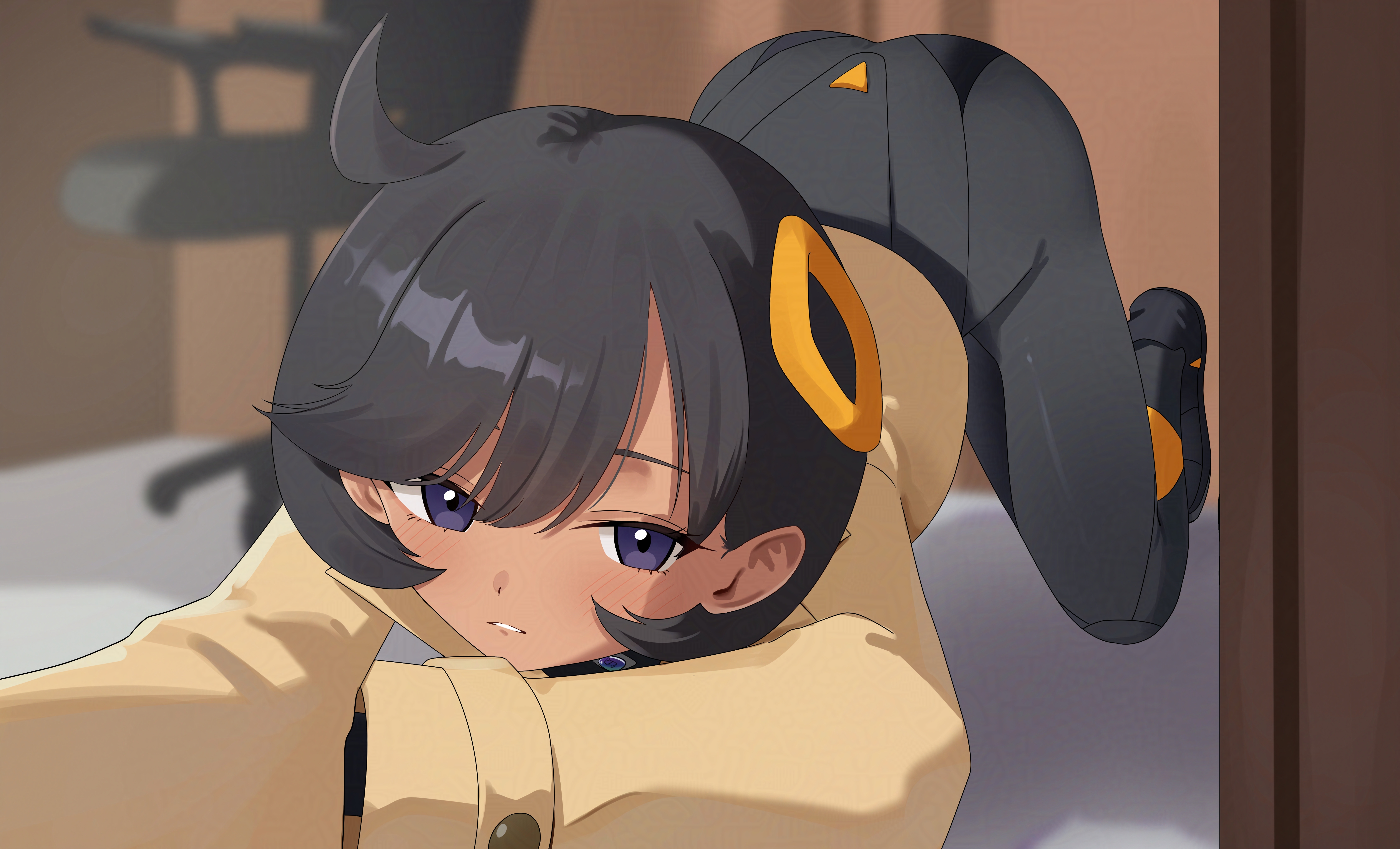 absurdres, aged up, all fours, ass, ass focus, black bodysuit, black hair, black shoes, blurry, blurry background, blush, bodysuit, bodysuit under clothes, brown jacket, chair, cowlick, d (delt4), dark skin, dark-skinned female, emma (pokemon), female, hair between eyes, hair ornament, hands on ground, highres, indoors, jacket, latex, latex bodysuit, looking at viewer, matiere (pokemon legends: z-a), matiere (pokemon), nintendo, parted lips, pokemon, pokemon legends: z-a, purple eyes, shadow, shoes, short hair, sidelocks, solo, swept bangs, top-down bottom-up