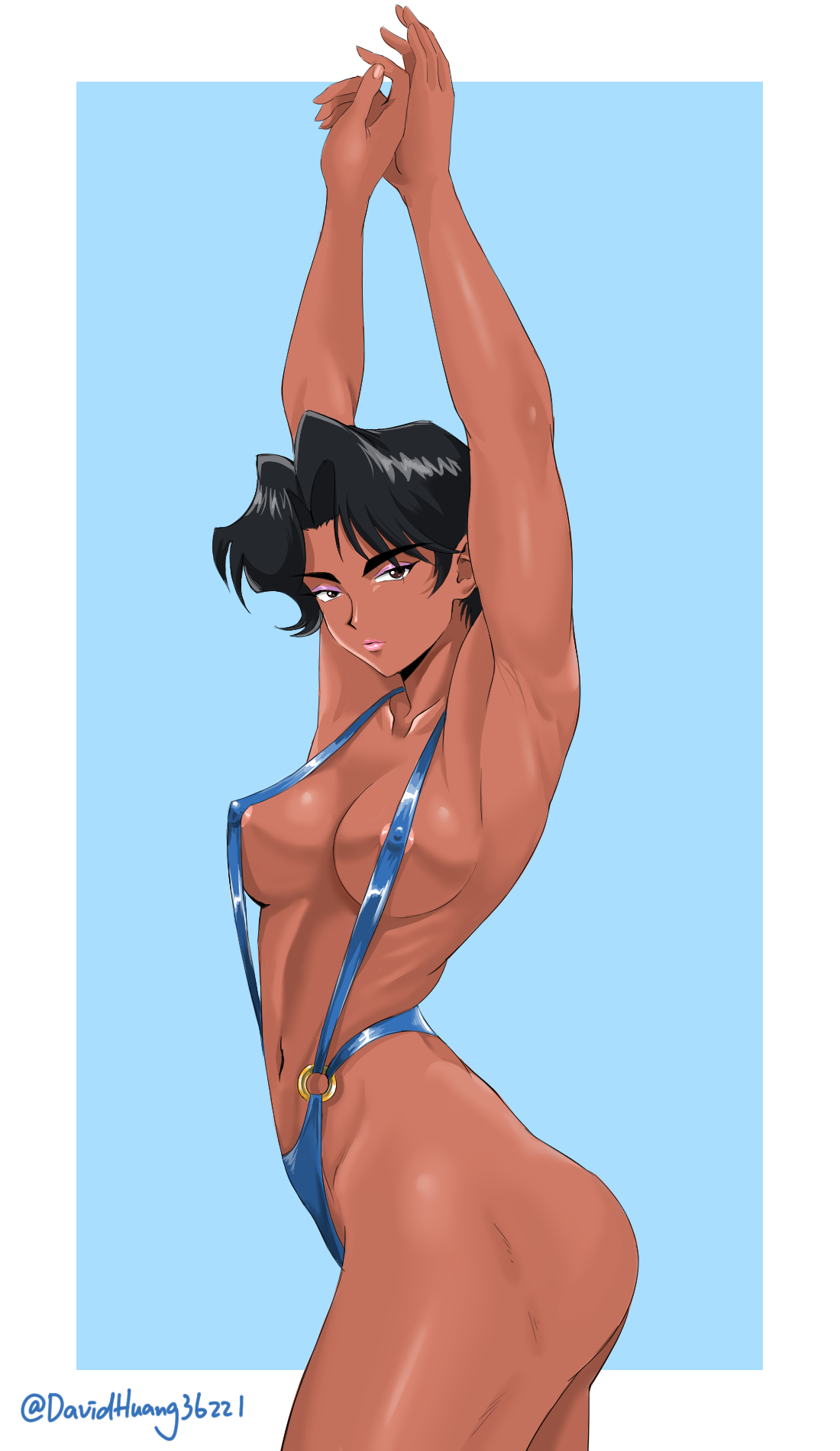 1girls, armpits, arms above head, artist name, ass, ayuko hayami, black hair, breasts, covered nipples, curvy, dark skin, dark-skinned female, davidhuang36221, female, golden boy, perky breasts, round ass, short black hair, short hair, slender body, slingshot swimsuit, swimsuit