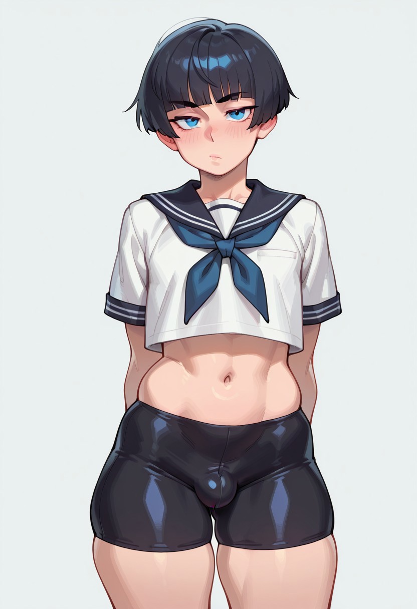 1boy, 1femboy, 2025, ai generated, alternate version available, bike shorts, black bike shorts, blue eyes, blush, bob cut, bulge, femboy, feminine male, girly, looking at viewer, male, shorts, simple background, tebfienen, thick thighs, thighs, tight shorts, trap, twink