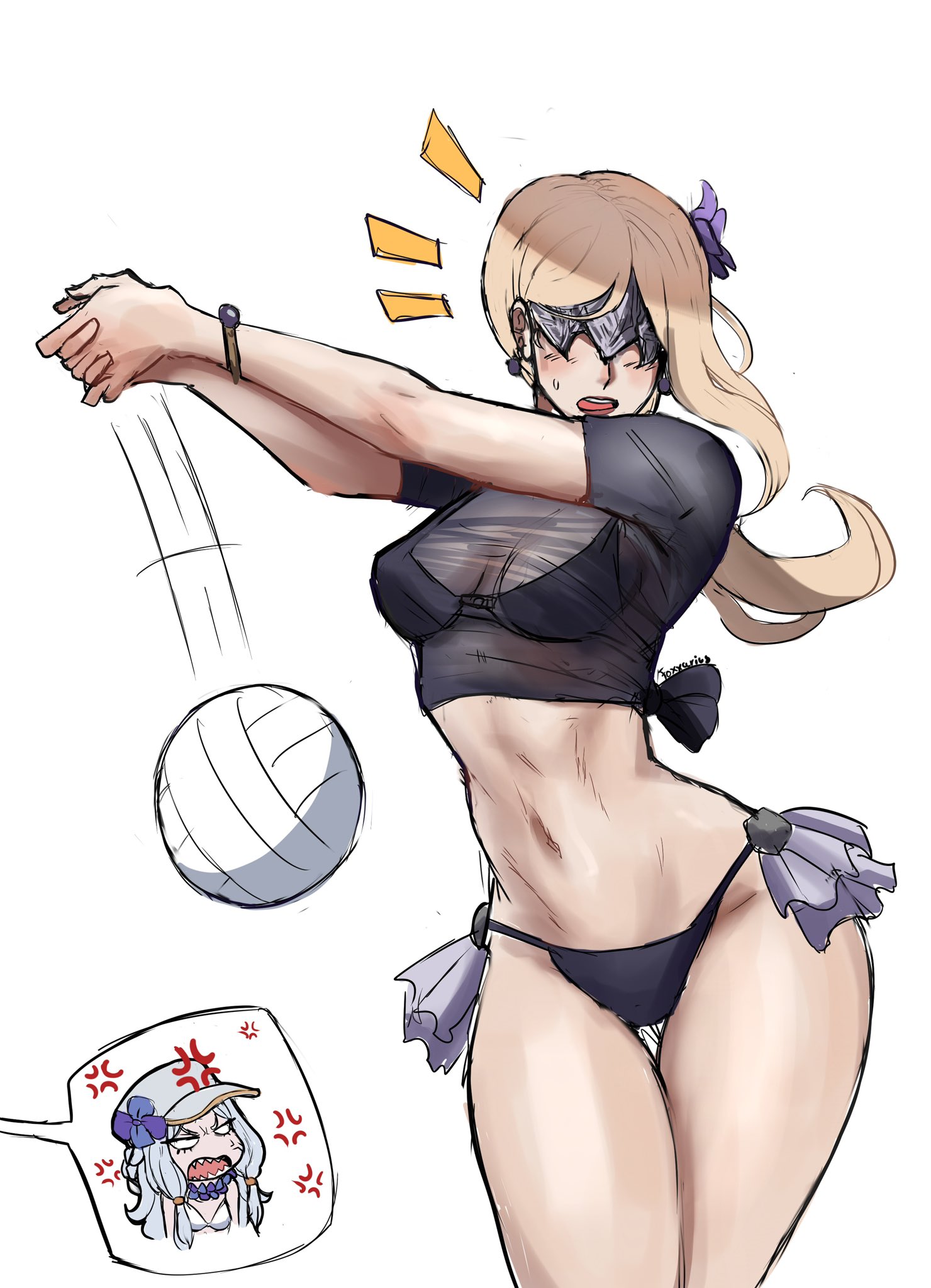 1girls, ball, belly, belly button, bikini bottom, blind, blindfold, duchess (nightreign), elden ring, elden ring nightreign, female, female only, flower, flower in hair, foxxarius, fromsoftware, hips, revenant (nightreign), see-through, see-through top, swimsuit, thigh gap, thighs, thin waist, tummy, volleyball