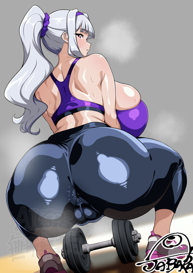 anus, anus visible through clothes, ass, ass focus, back view, big ass, big breasts, breasts, cameltoe, dumbbell, female, female only, gym, gym clothes, huge ass, huge breasts, idolmaster, jabara tornado, looking at viewer, looking back, looking back at viewer, muscles, musk, pink eyes, ponytail, pussy, scrunchie, shijou takane, shiny clothes, shiny skin, silver hair, solo, solo female, sports bra, sportswear, squatting, sweat, the idolm@ster, tight clothing, toned, toned female, workout, yoga pants