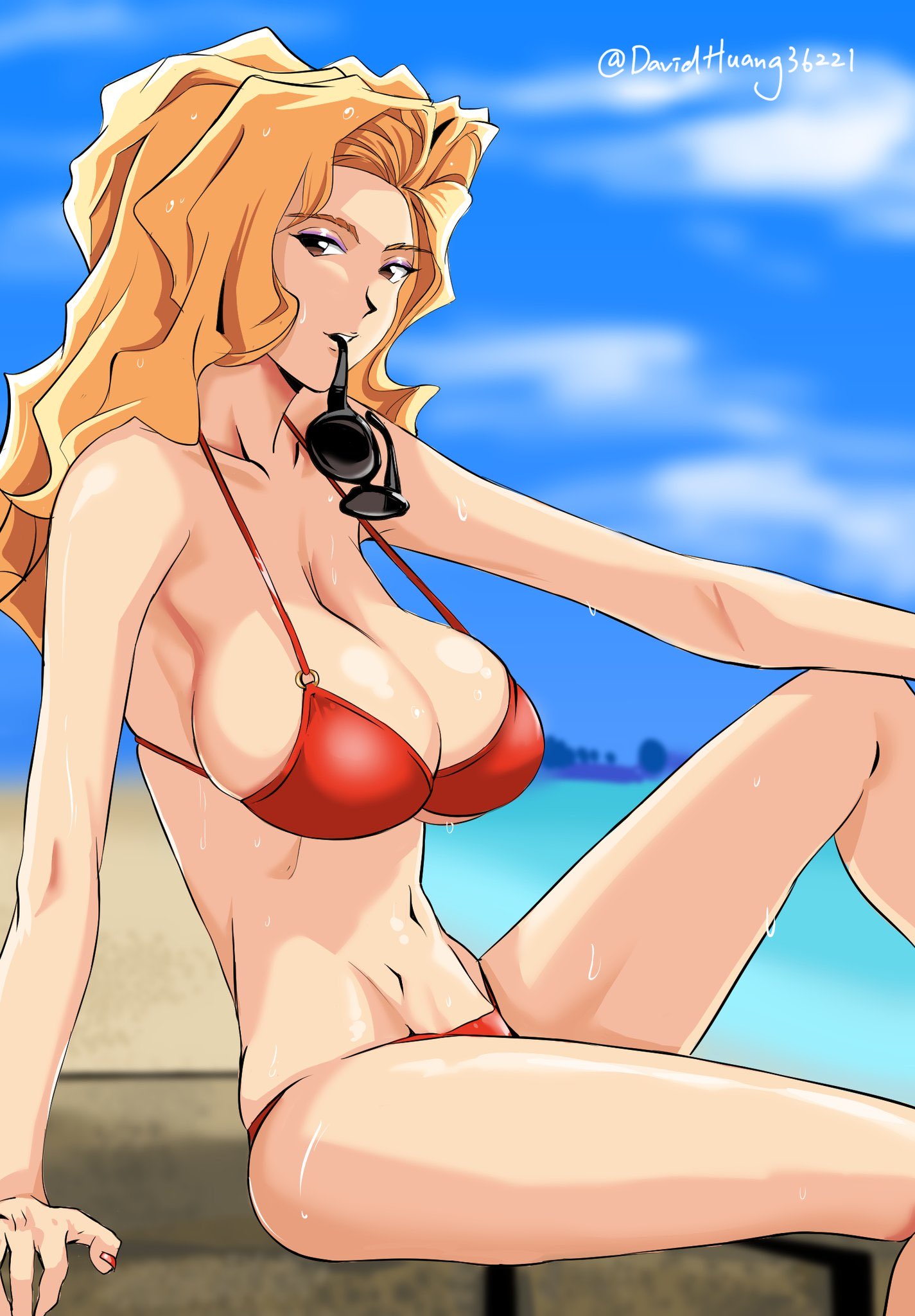 1girls, artist name, big breasts, bikini, blonde hair, bolt on tits, breasts, busty, davidhuang36221, dripping wet, female, golden boy, light skin, light-skinned female, madame president, onna shachou, red bikini, slender body, sunglasses, sunglasses in mouth, swimsuit