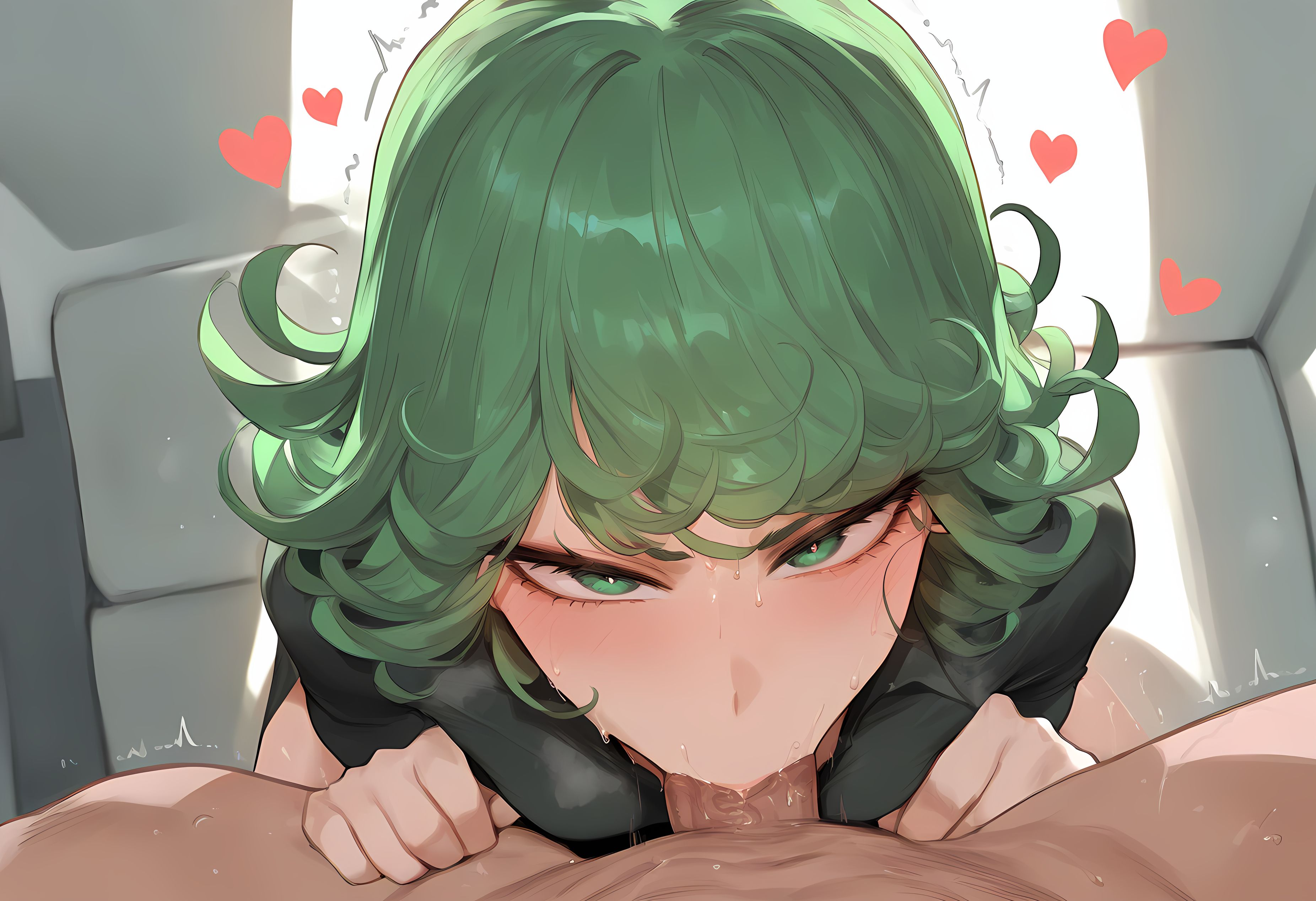 ai generated, axiah, blowjob, blowjob face, blush, deepthroat, deepthroat no hands, fellatio, female, hearts around head, light-skinned female, light-skinned male, looking at viewer, male, one-punch man, pov, pov eye contact, tatsumaki