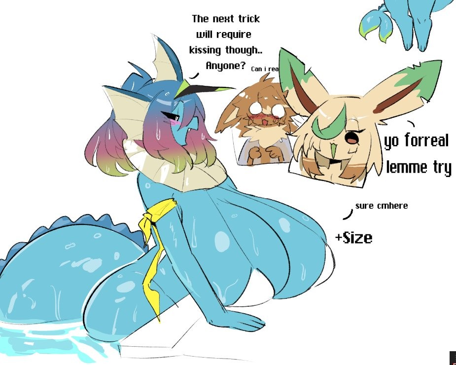 big breasts, bikini top, eevee, huge breasts, leafeon, shiyaa stuff, tagme, text, vaporeon, velena (shiyaa stuff), water